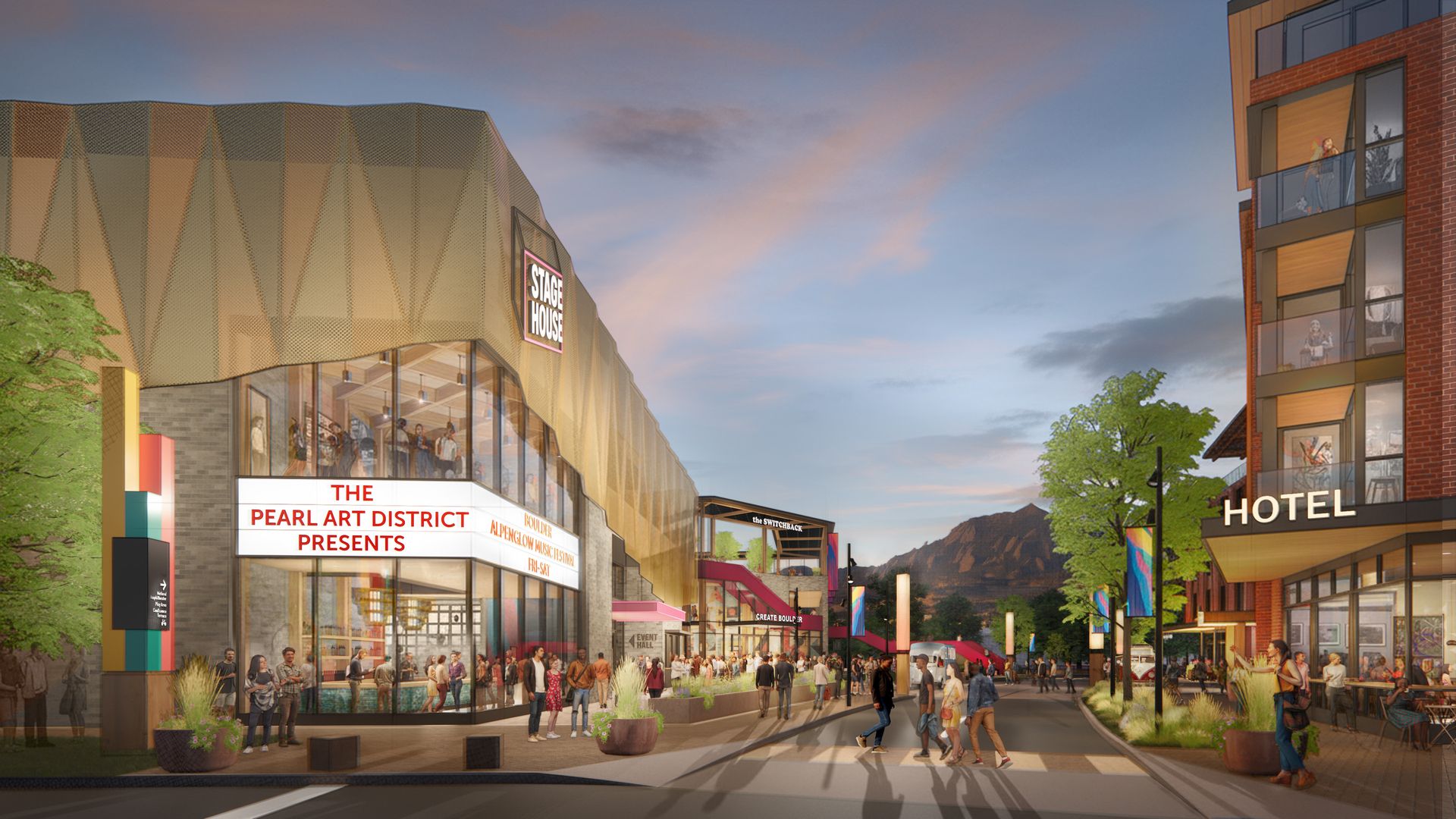 Evening street scene with people walking near a modern building labeled Stage House promoting Pearl Art District and Boulder AlpenGlow Music Festival, next to a hotel with outdoor seating.
