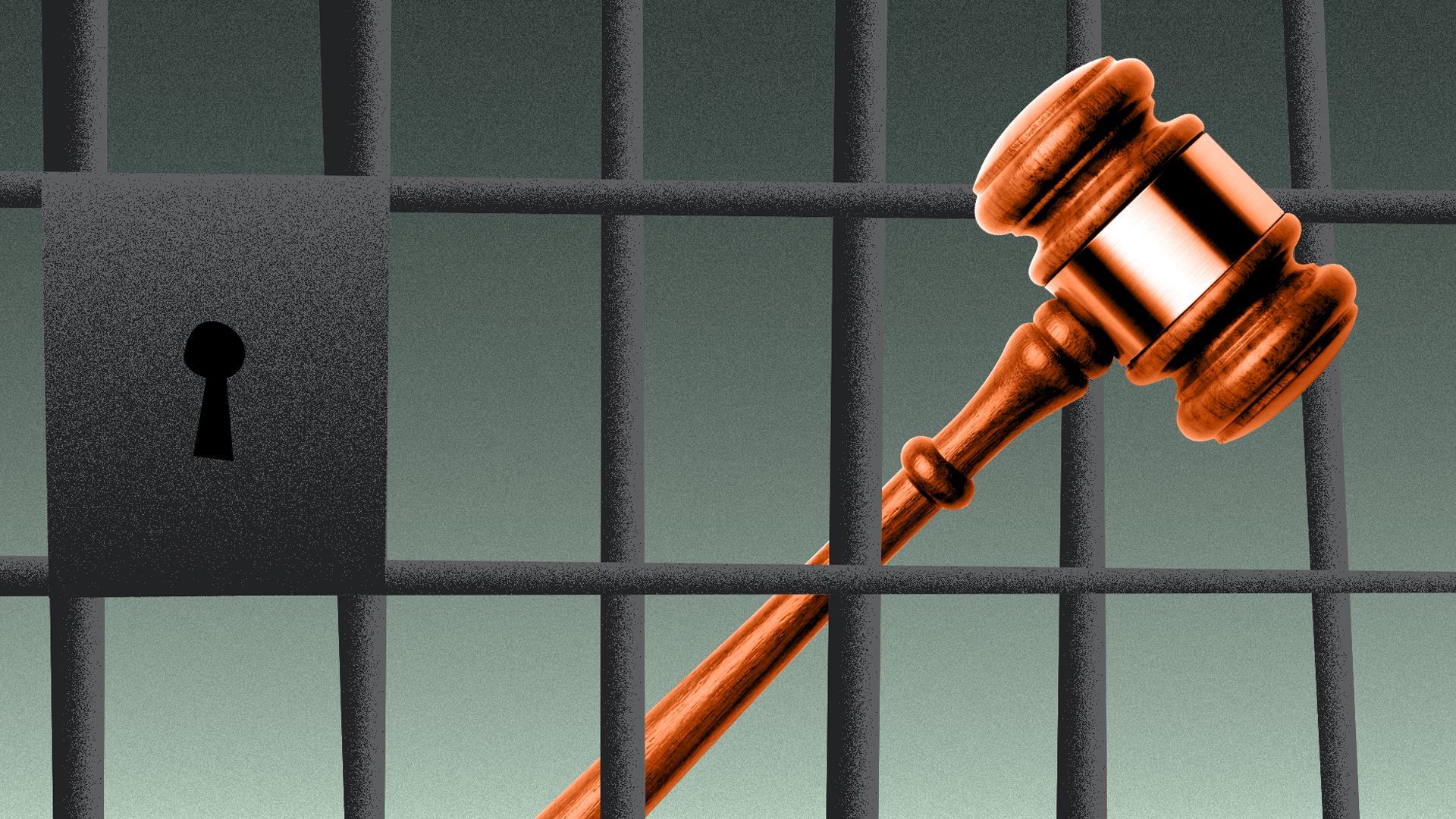 Illustration of a gavel sticking through the bars of a jail door.