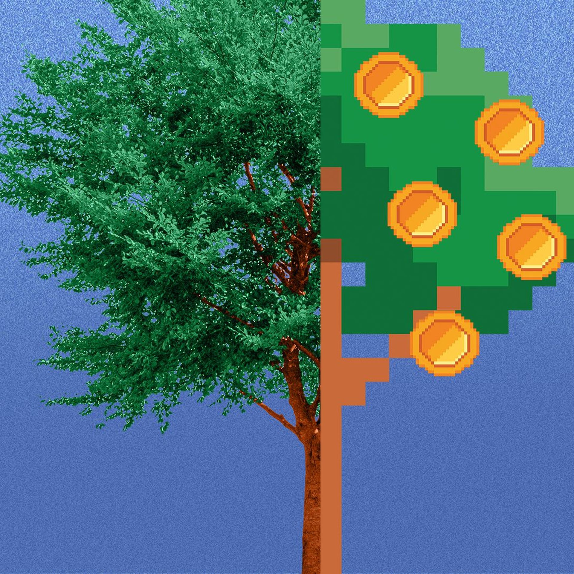 Illustration of a tree that is half real and half pixels with pixel coins.