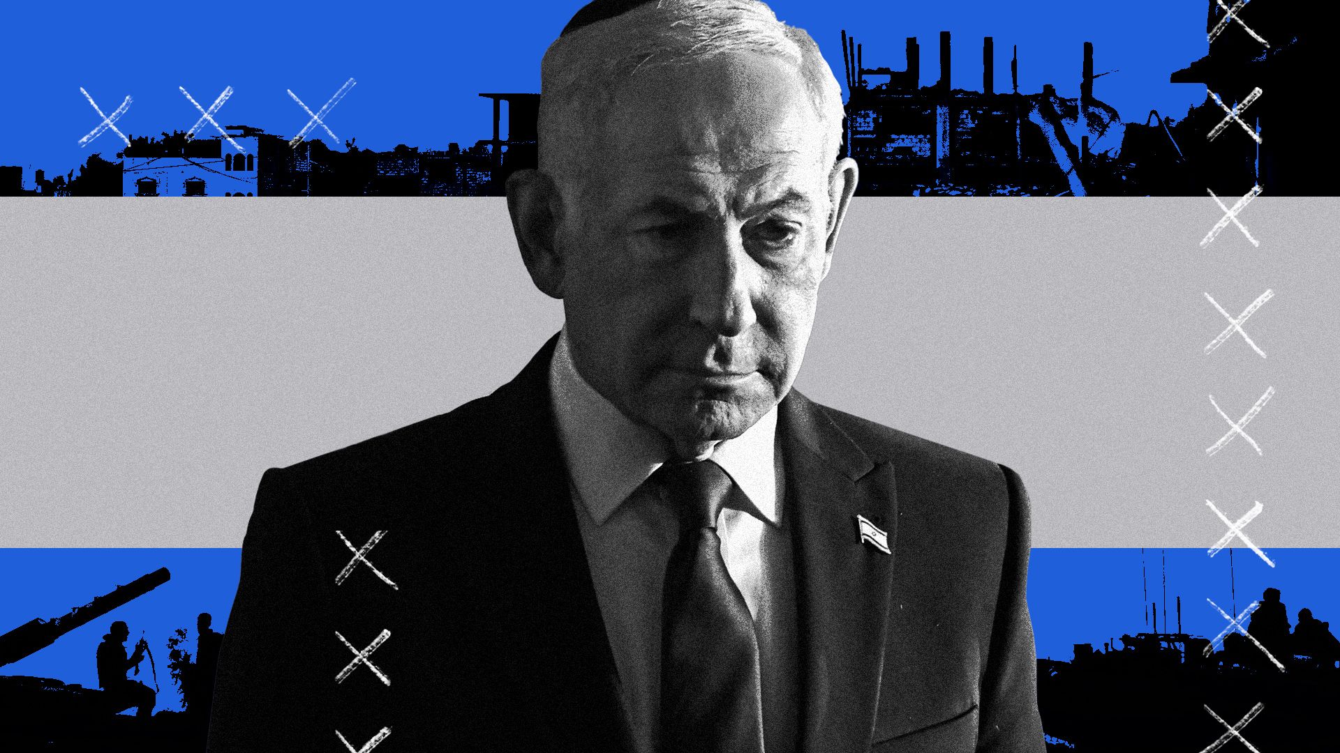 Photo illustration of Benjamin Netanyahu surrounded by abstract elements of an Israeli flag, destruction in Gaza and Israeli tanks.