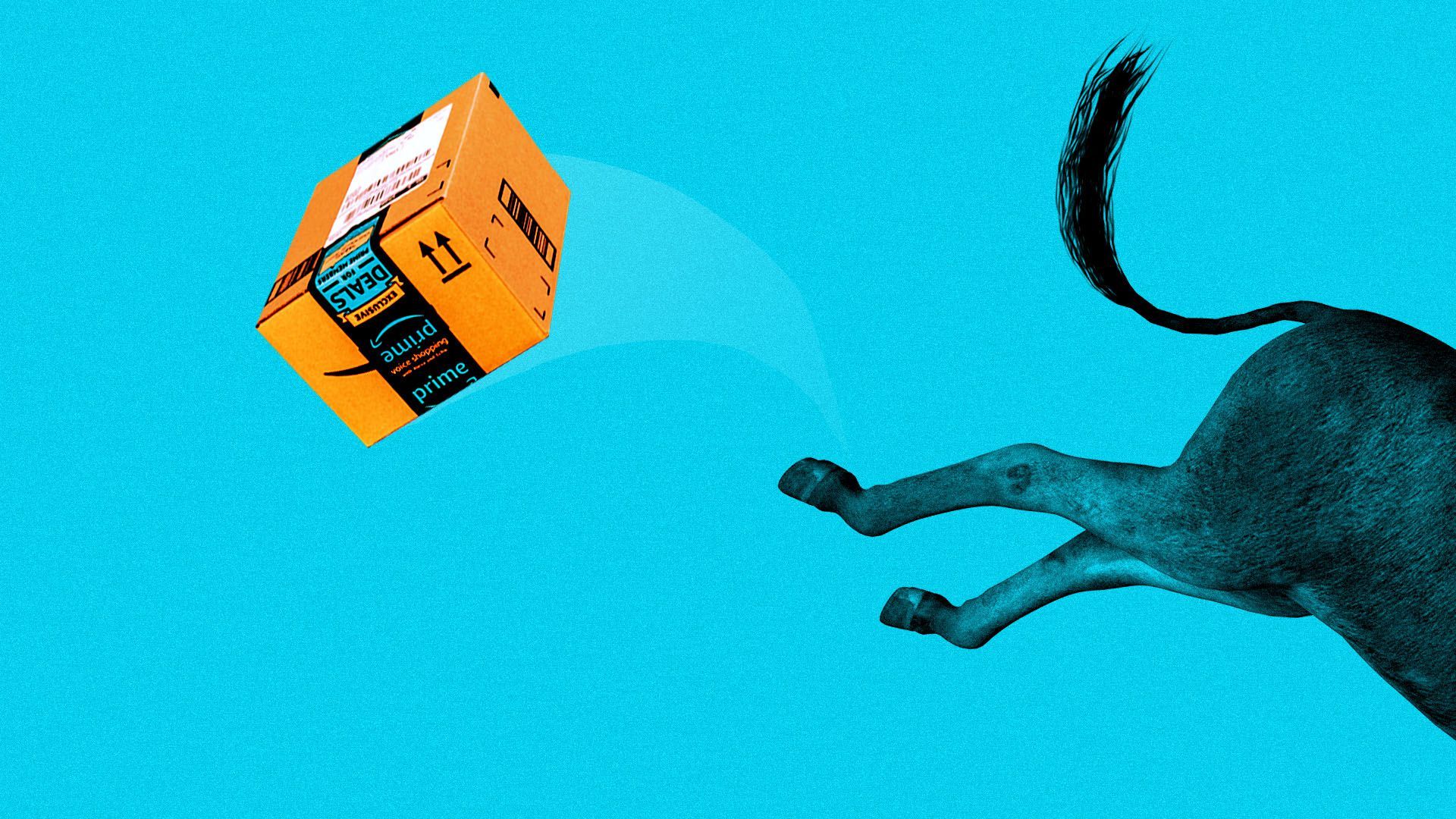Illustration of a donkey kicking up an Amazon package