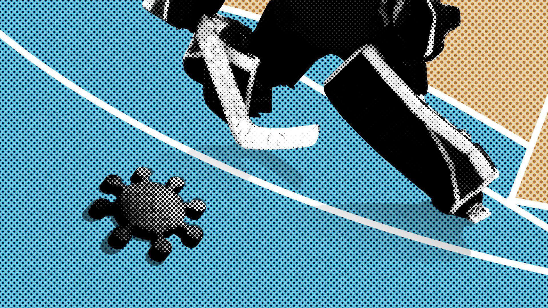 Illustration of a covid-shaped hockey puck approaching a hockey goalie.