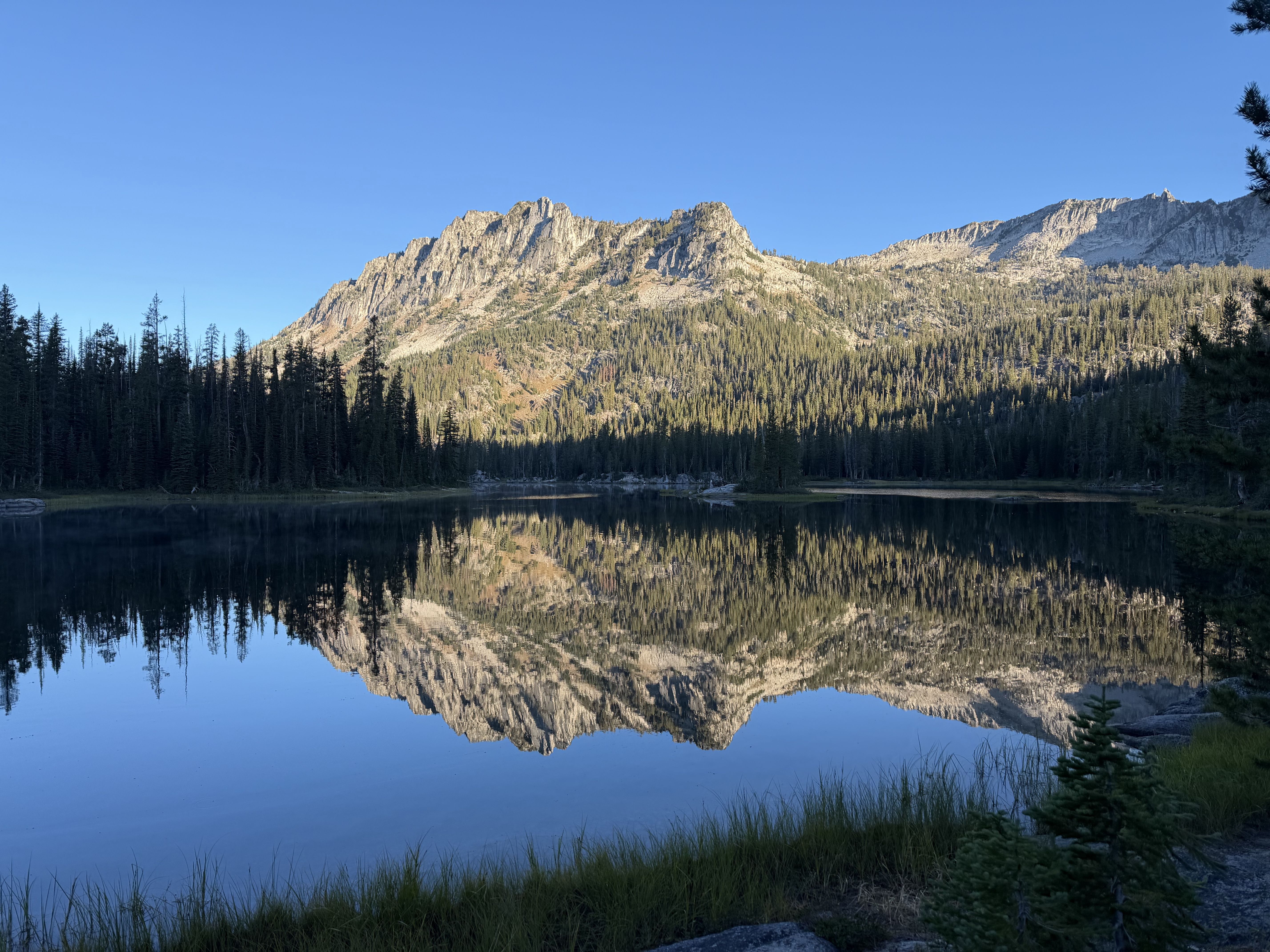 Wide mountain landscape: jagged gray peaks rise above a dense pine forest, with a calm lake in the foreground reflecting the blue sky and mountains.