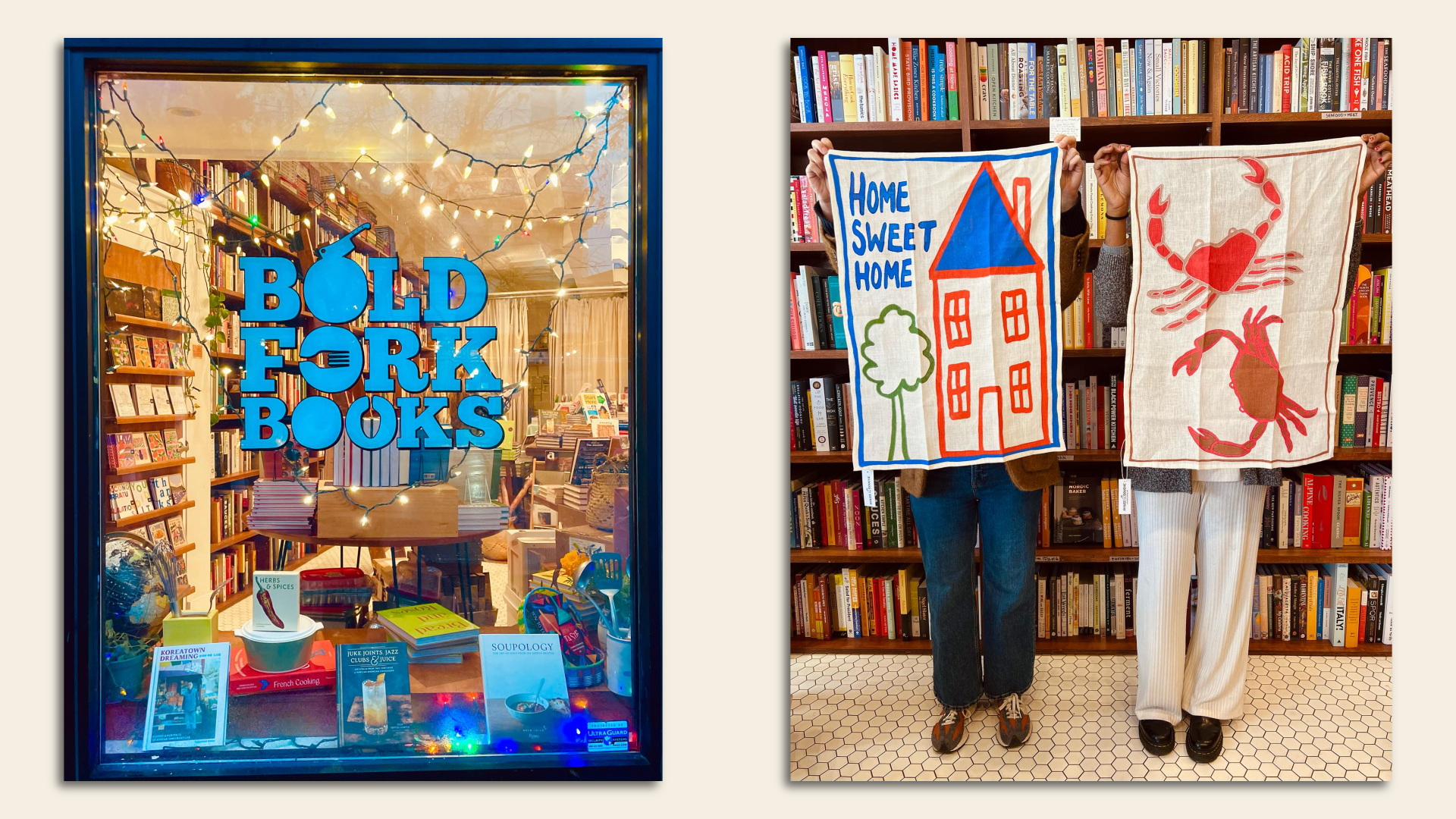 Bold Fork Books window done up for the holidays (left) and French tea towels with crabs on them