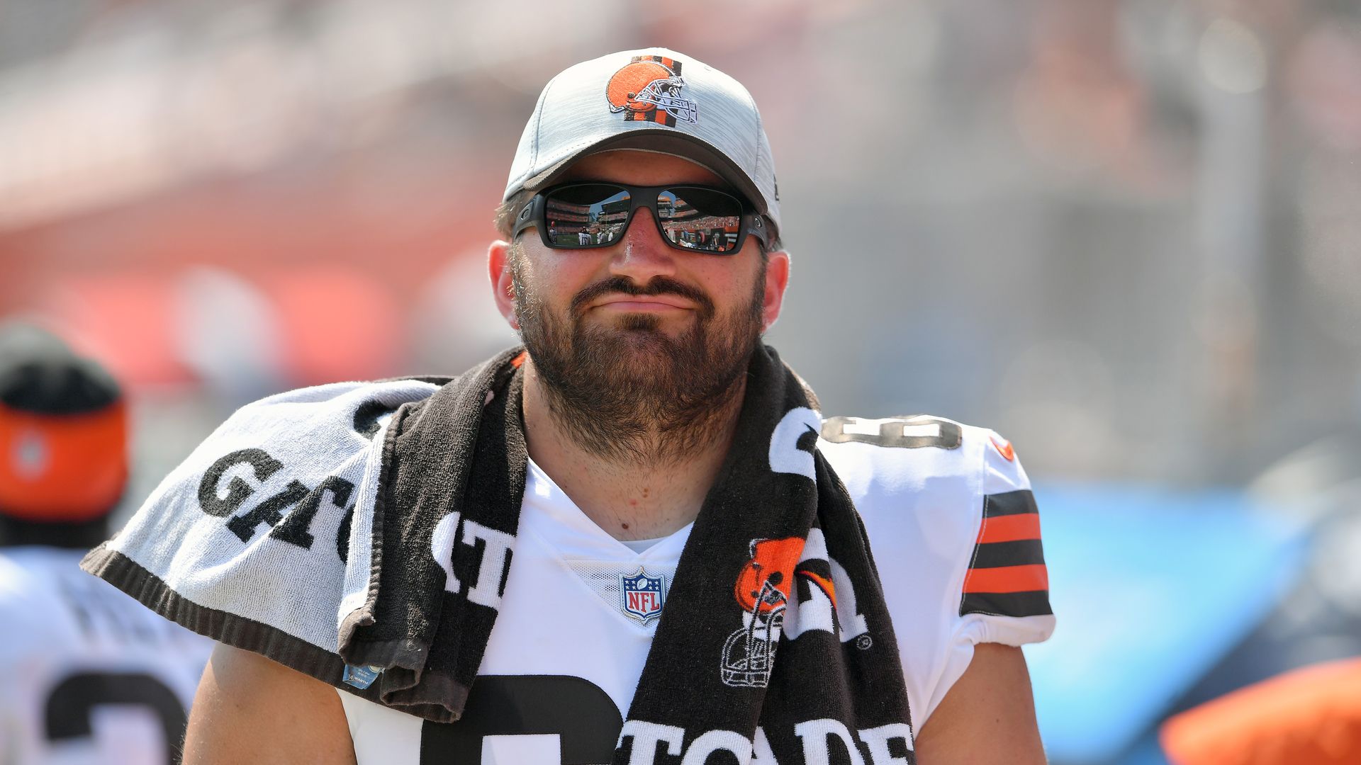 JC Tretter in his Cleveland Browns uniform and sunglasses