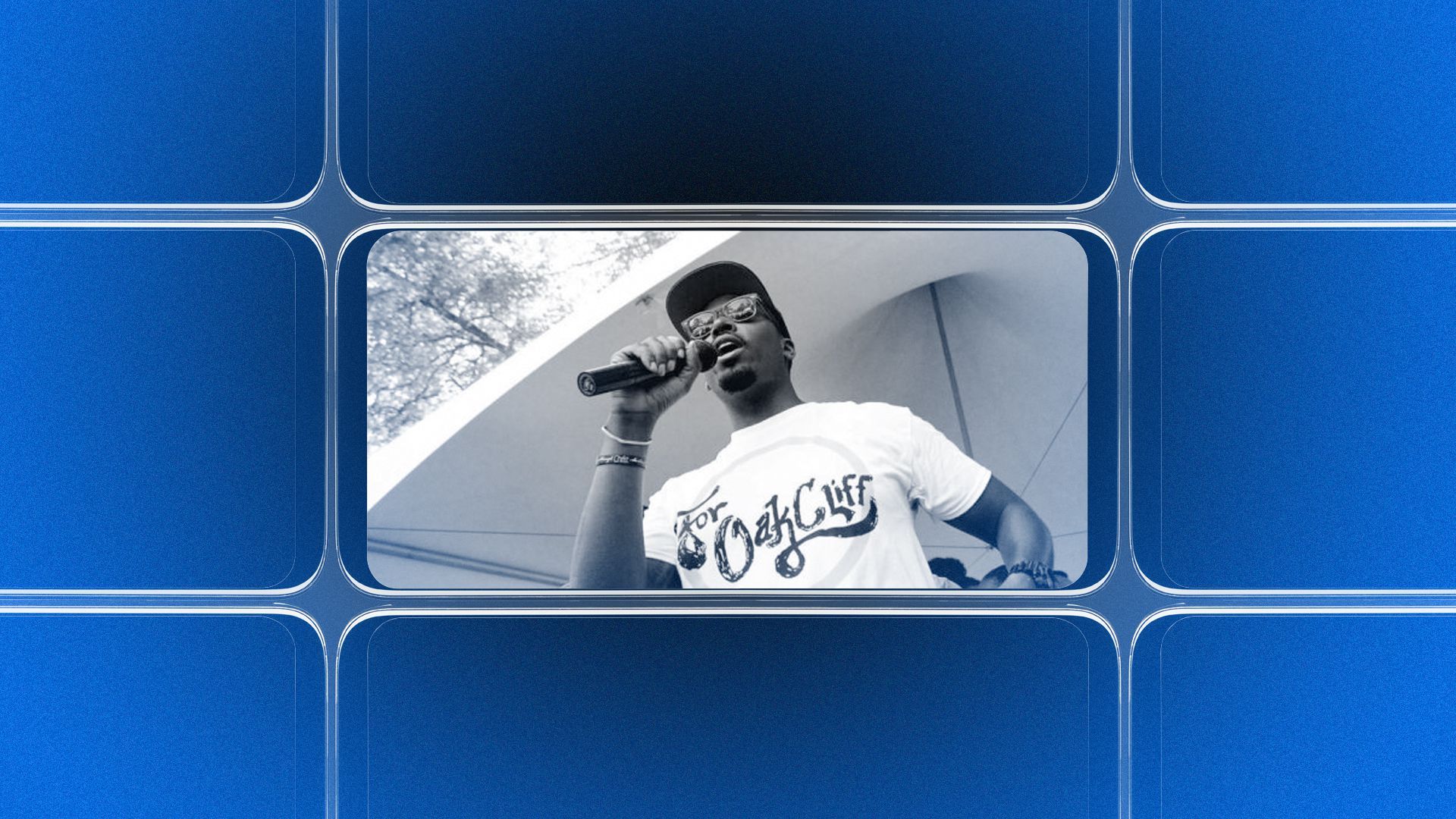 Photo illustration of a grid of smartphone screens, the center one showing an image of Taylor Toynes.