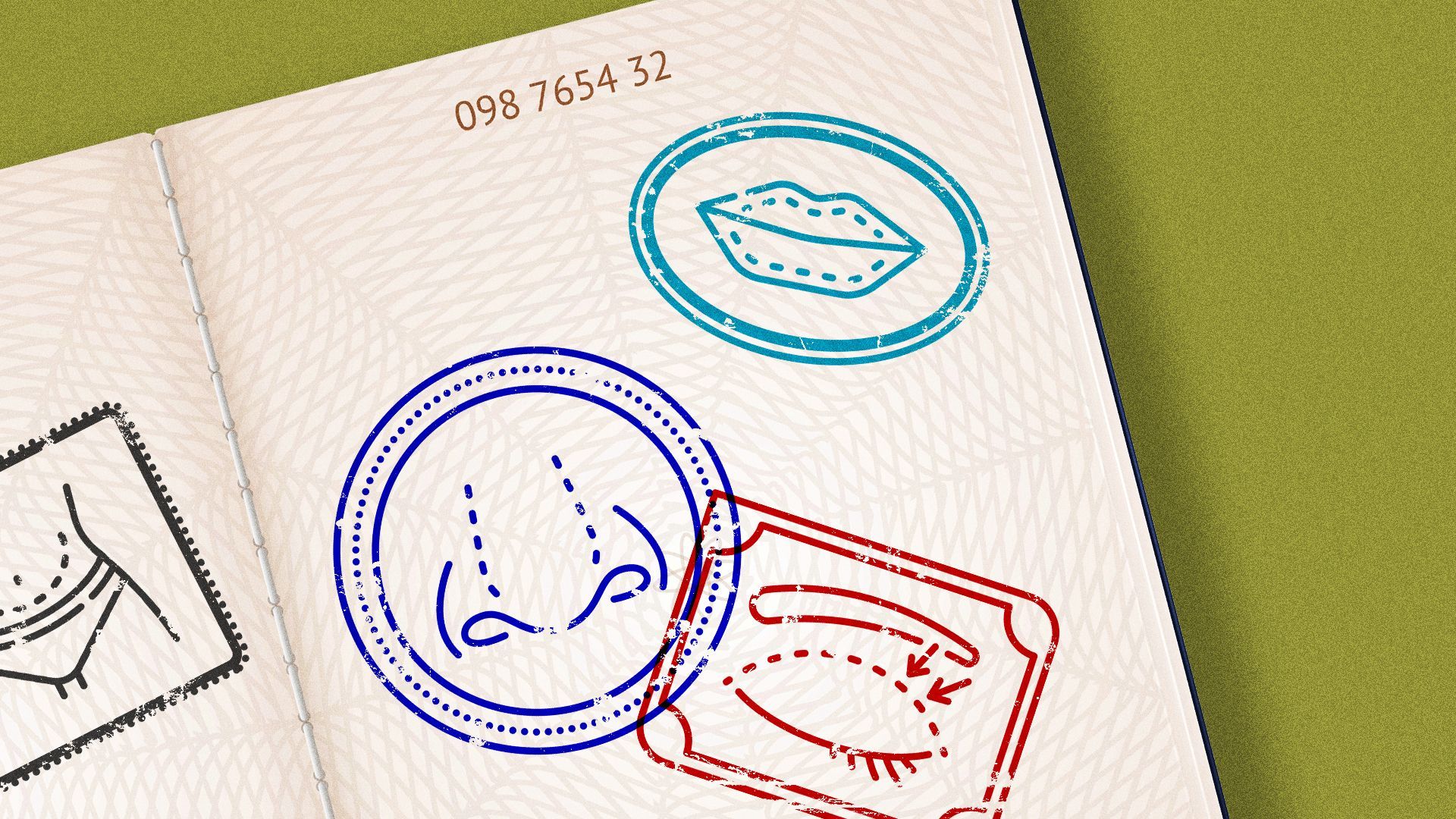 Illustration of various passport stamps referencing cosmetic procedures. 