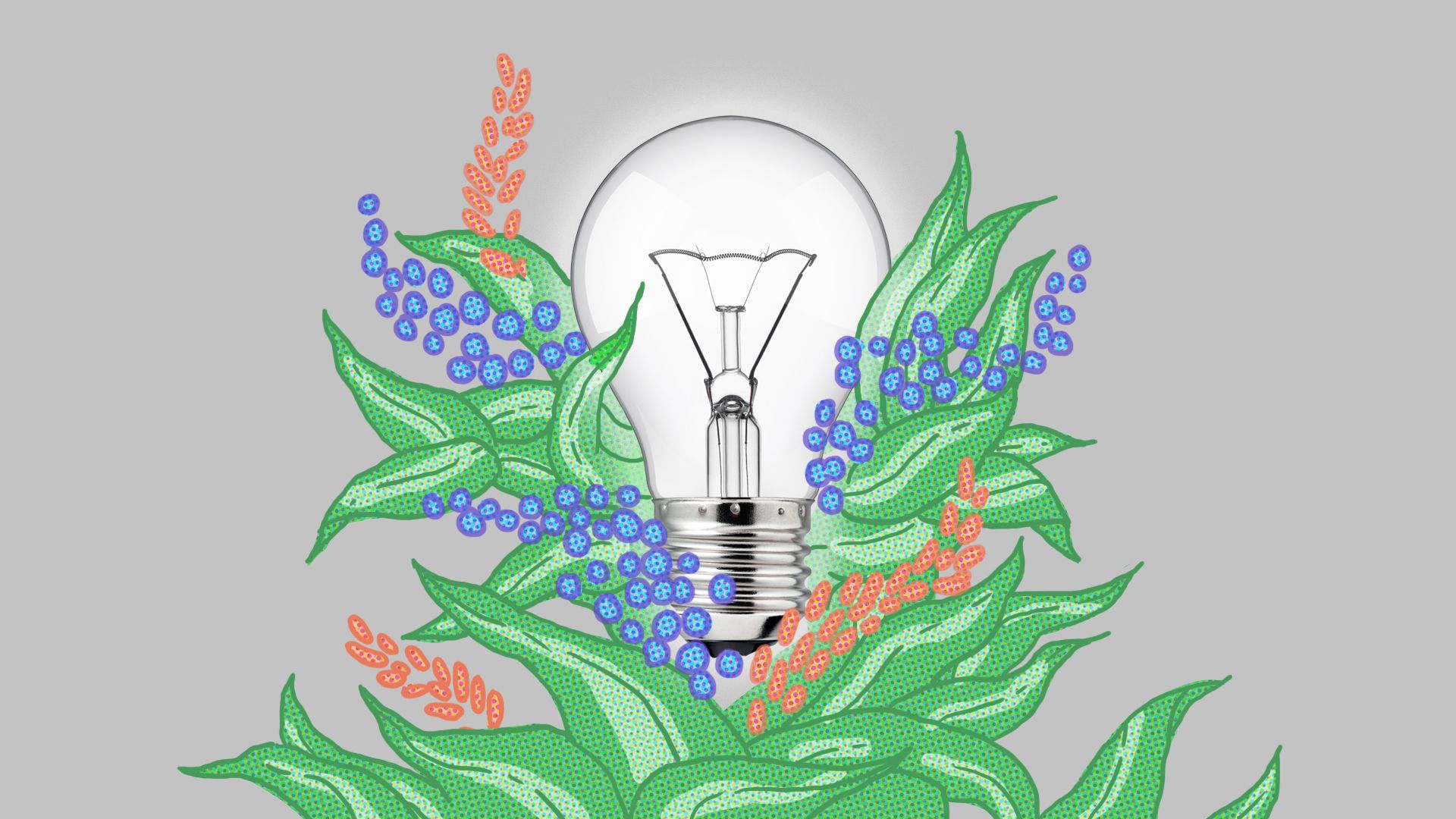 A bright light bulb surrounded by foliage