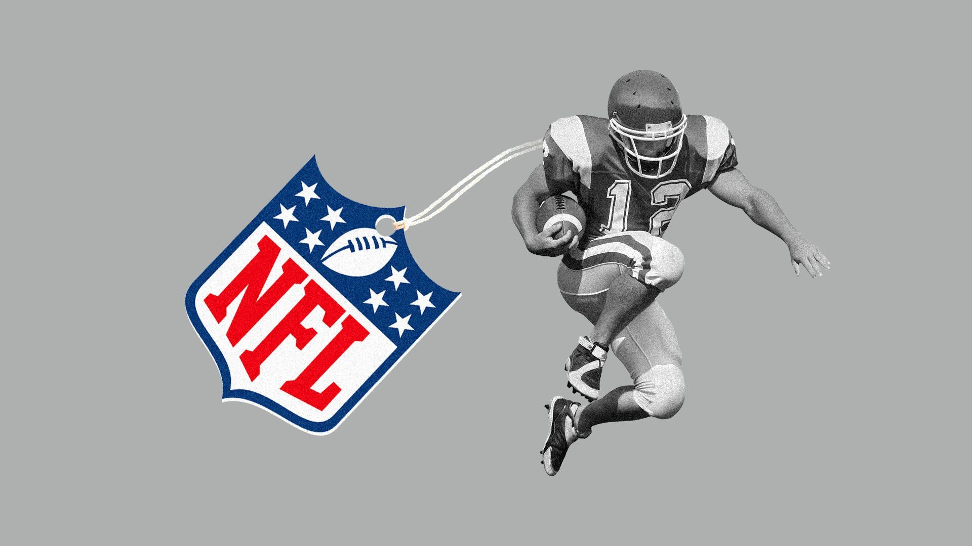 Illustration of football player with giant NFL tag attached to him