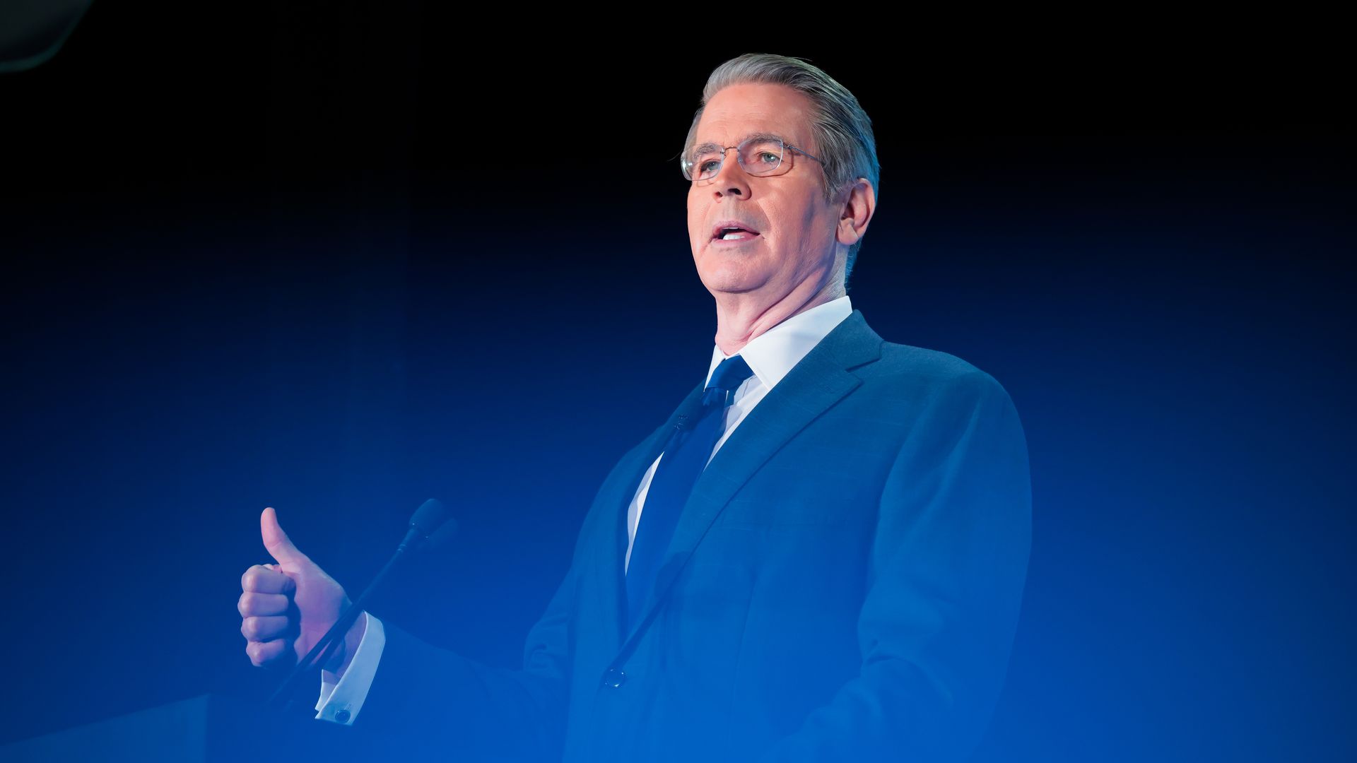 Treasury Secretary Scott Bessent gives a thumbs-up gesture while addressing the American Bankers Association in April 2025.