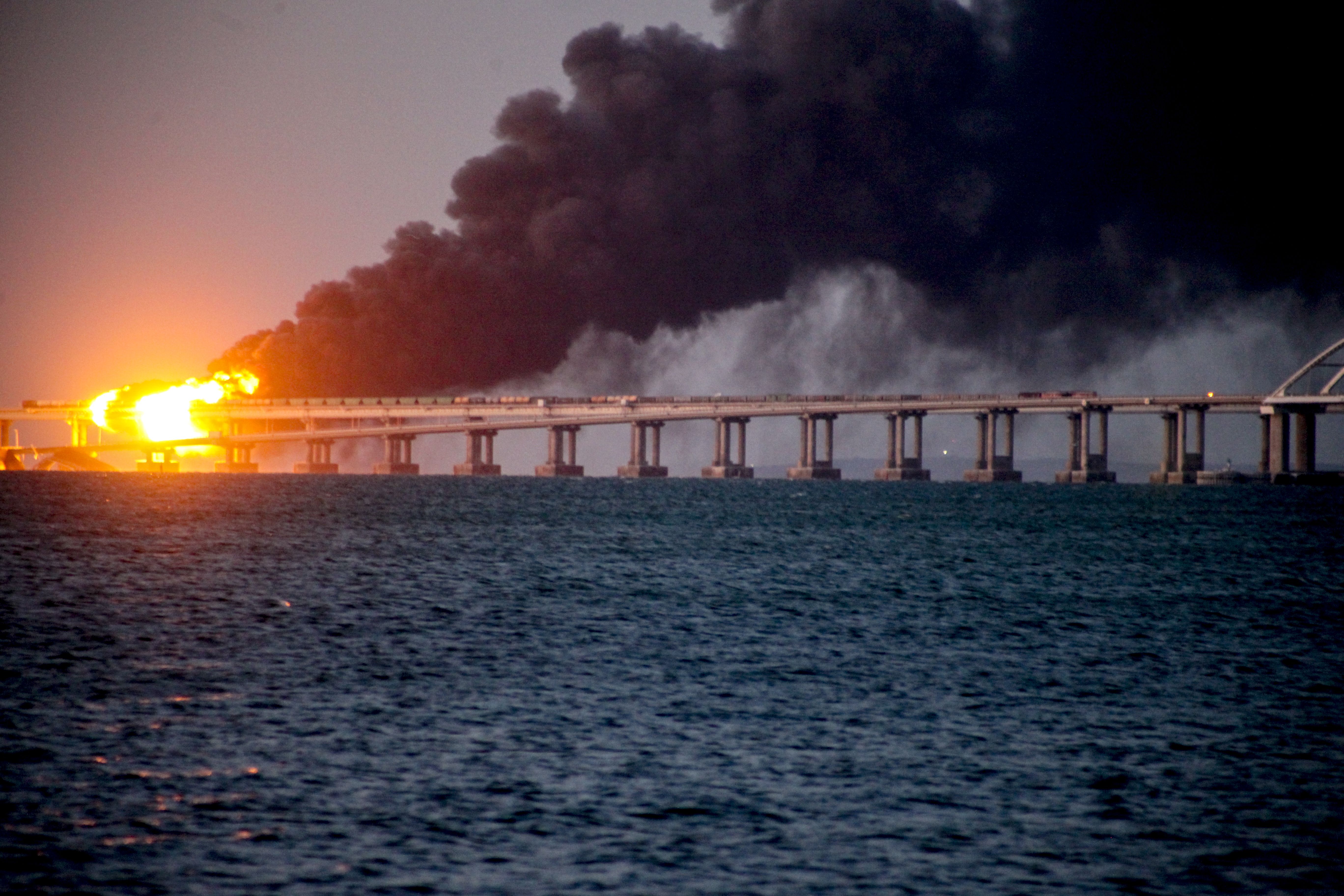 Explosion causes fire at the Kerch bridge in the Kerch Strait, Crimea.