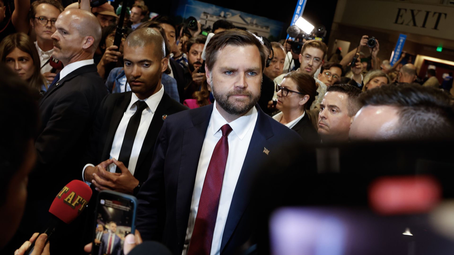 Sen. J.D. Vance (R-OH) speaks to reporters in the spin room following the presidential debate between former President Trump and Vice President Harris.
