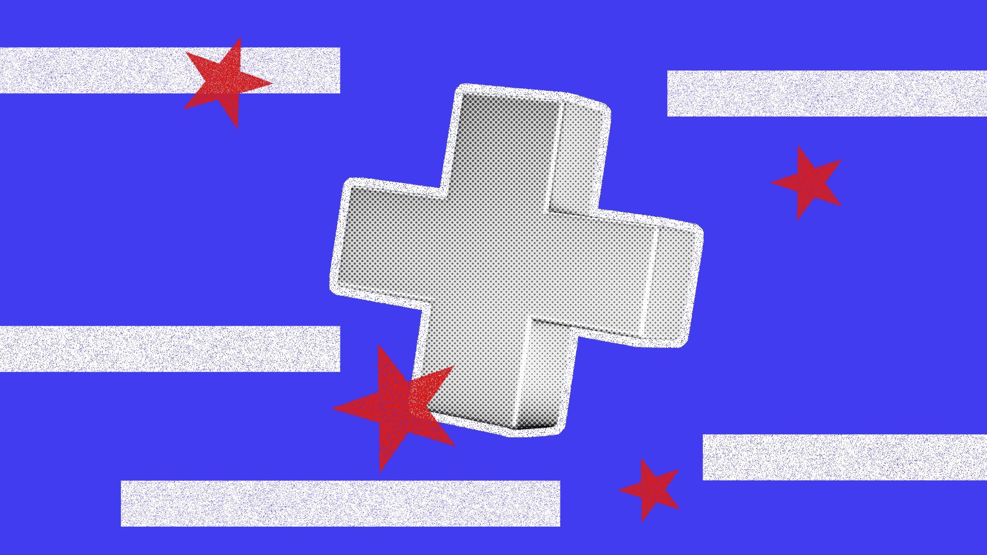 Illustration of a health plus with stars and stripes.