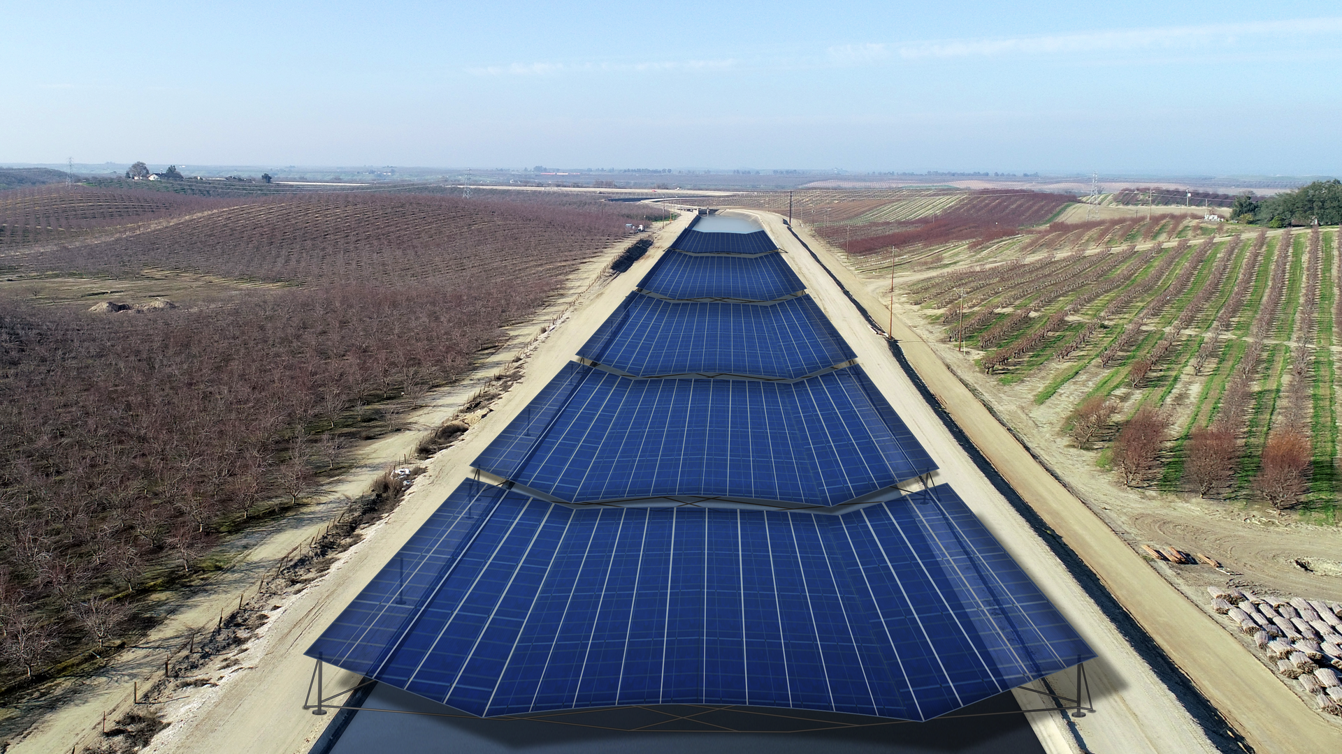 A rendering of a California canal covered in solar panels.