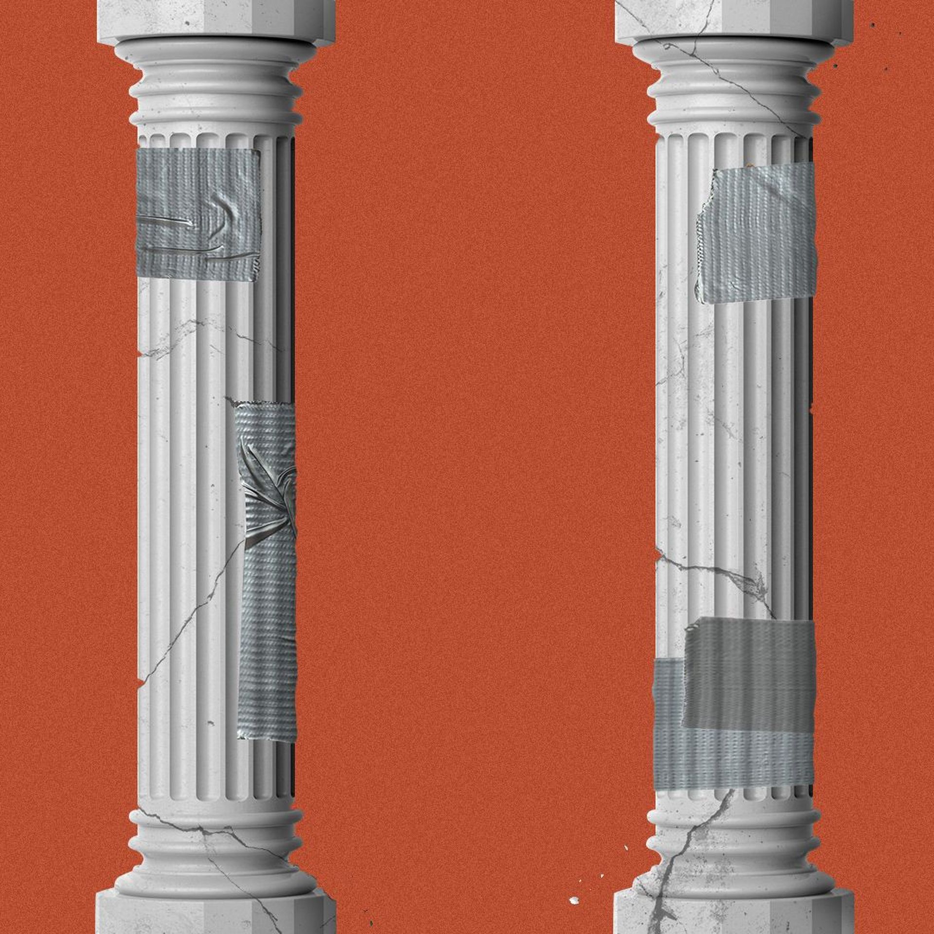 Illustration of crumbling columns with duct tape holding them together. 