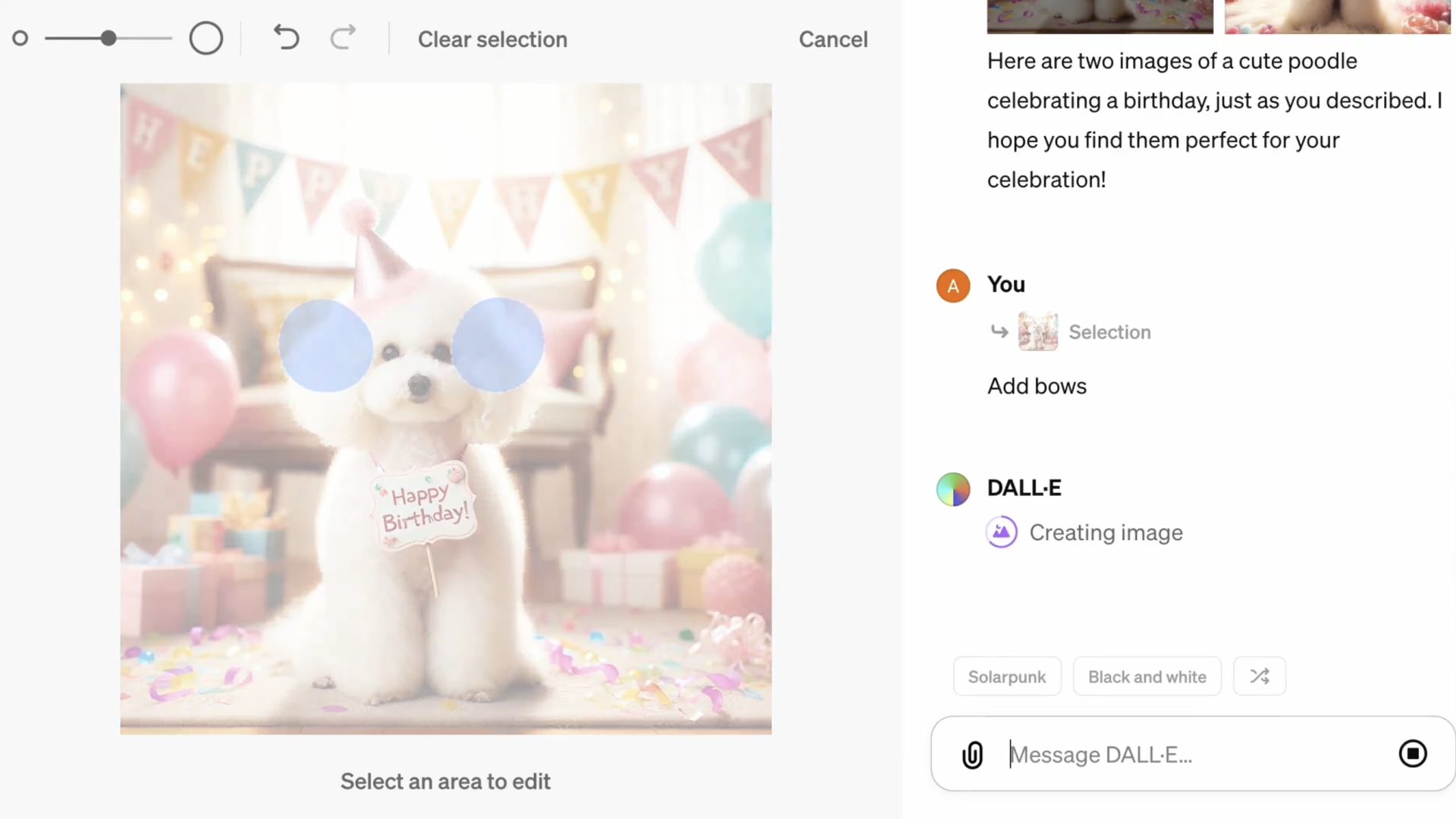 A screenshot from an OpenAI video showing the new image editing options within ChatGPT
