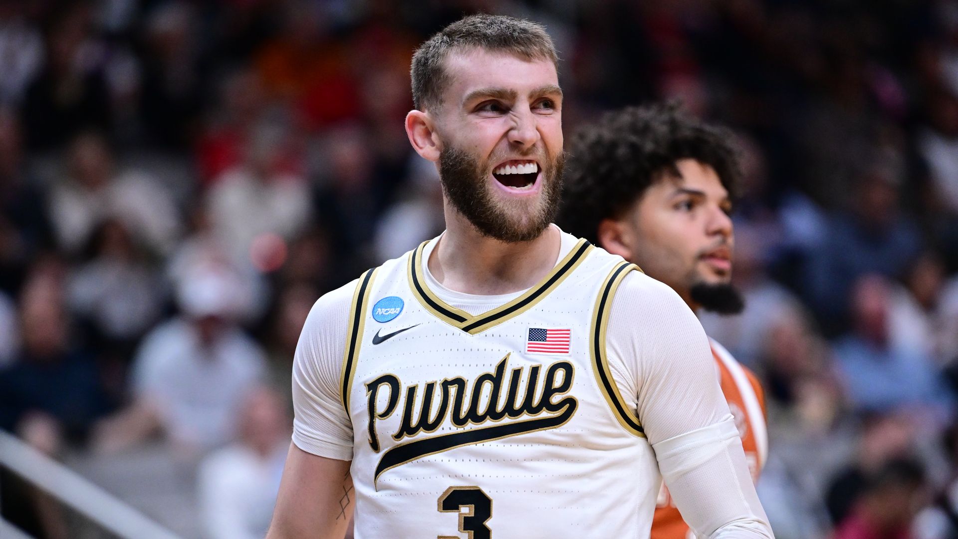 Braden Smith #3 of the Purdue Boilermakers celebrates against the Texas Longhorns during the Sweet Sixteen round game of the 2026 NCAA Men's Basketball Tournament held at SAP Center on March 26, 2026 in San Jose, California.