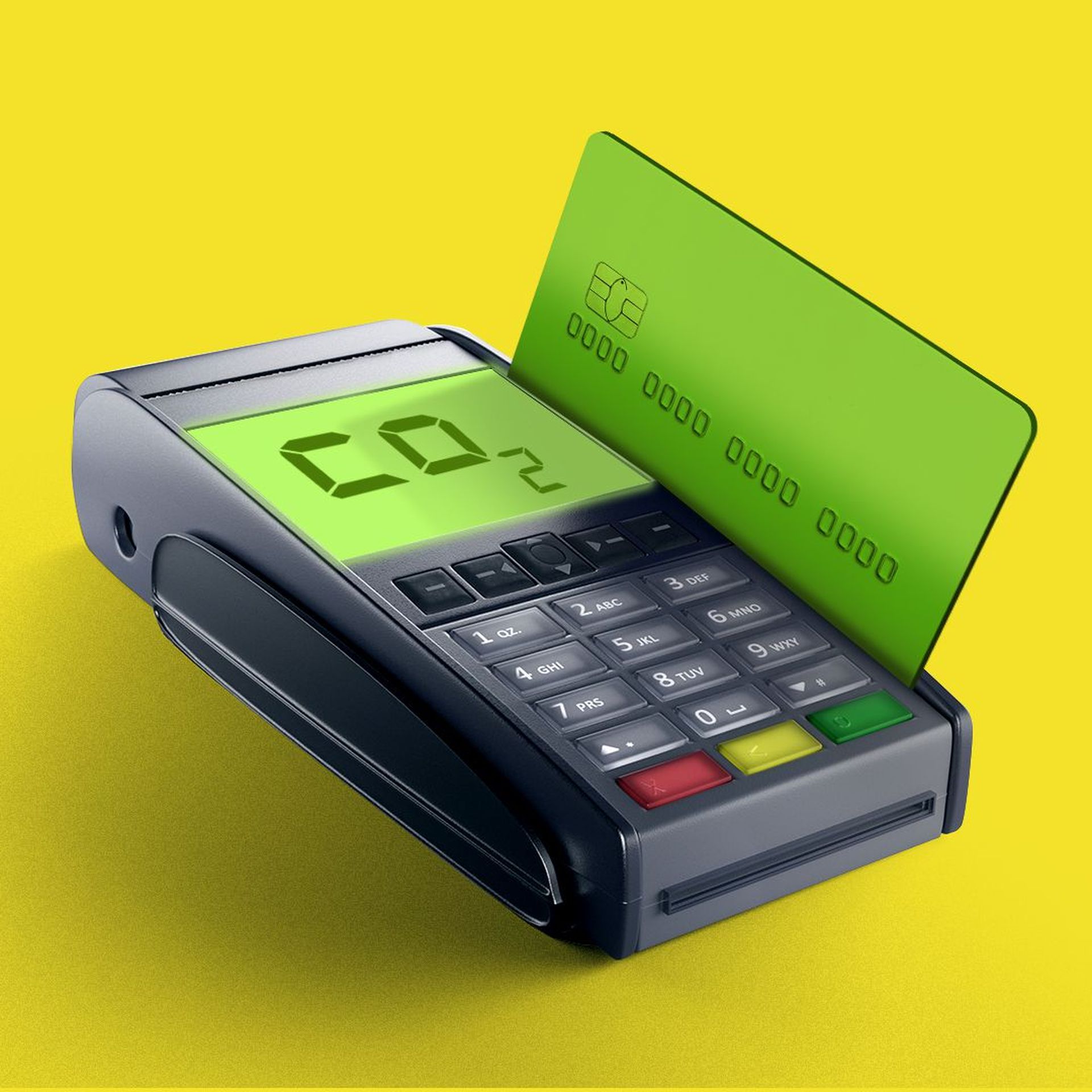 Illustration of a credit card reader with the word CO2 on it