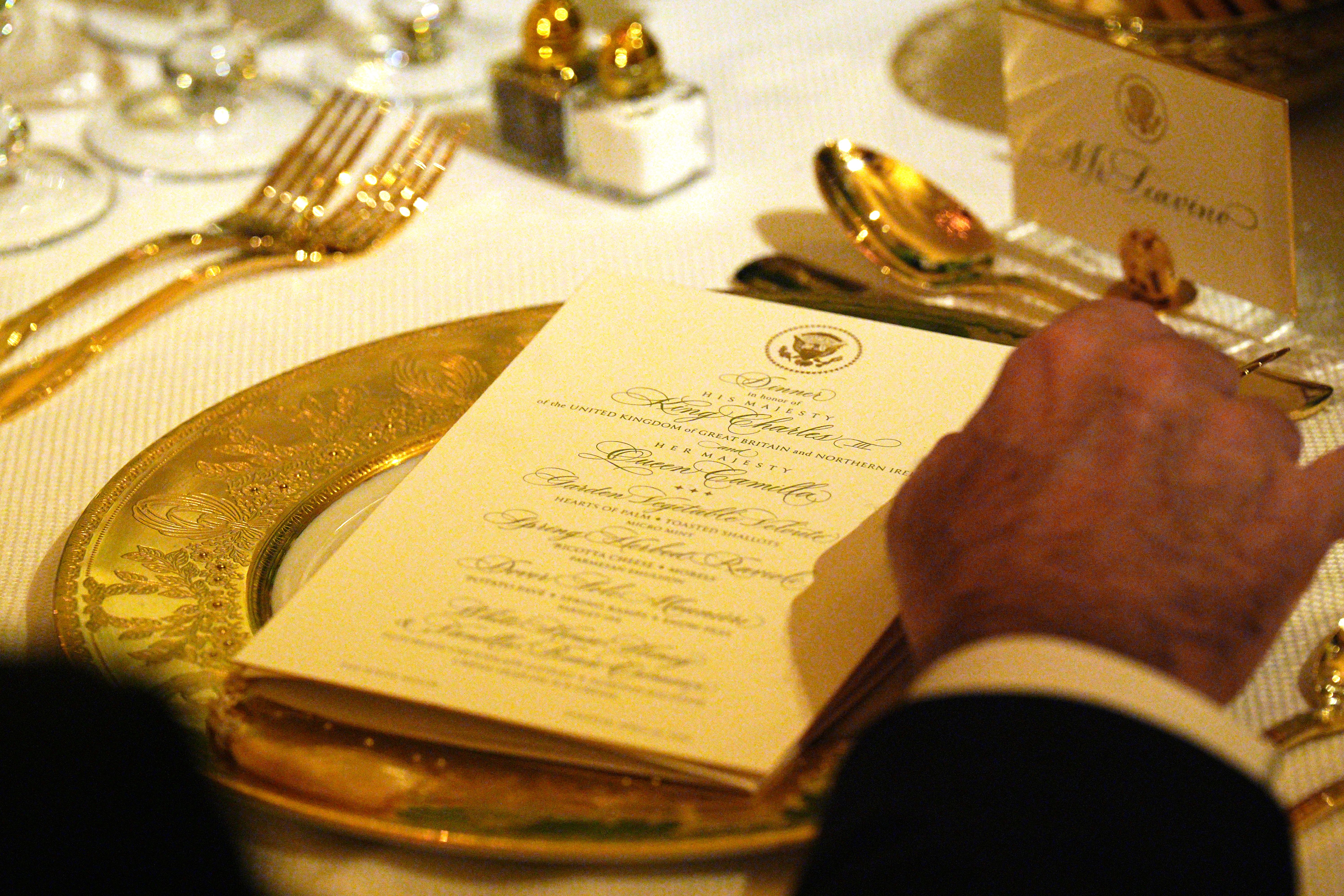 The menu at the State Dinner for King Charles III and Queen Camilla. Photo: Aaron Chown/PA Images via Getty Images