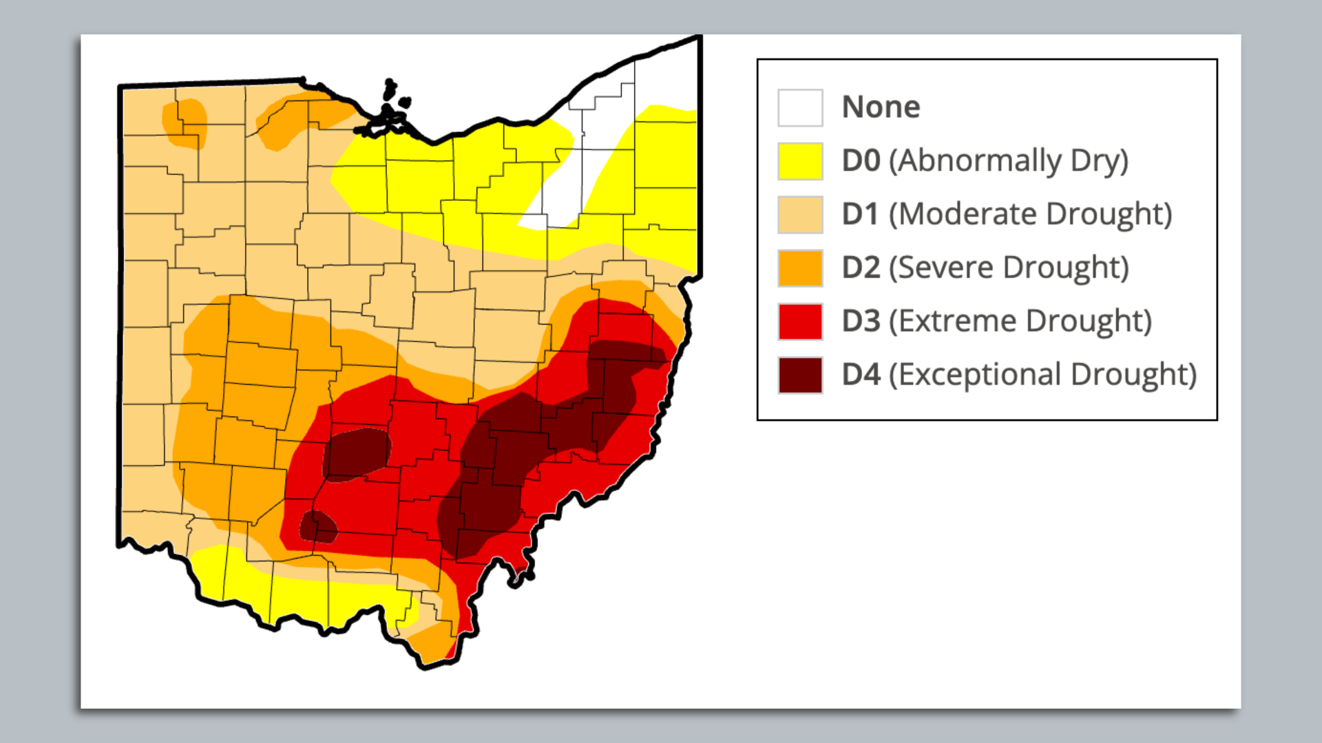 A map of Ohio showing shaded areas based on drought severity; the worst is in Central and Southeast Ohio, which is in red.
