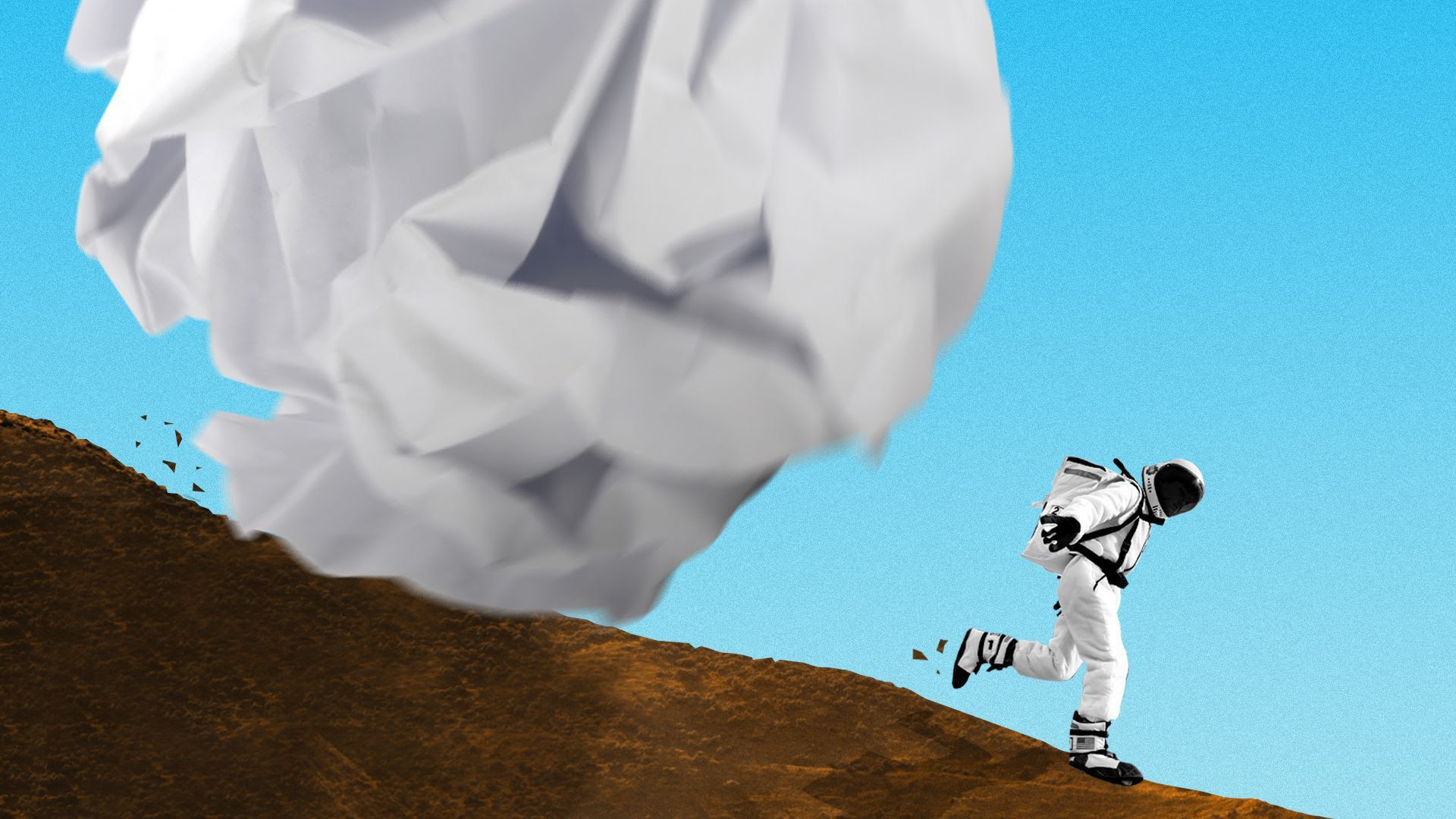 Illustration of an astronaut running away from a big paper ball on a hill