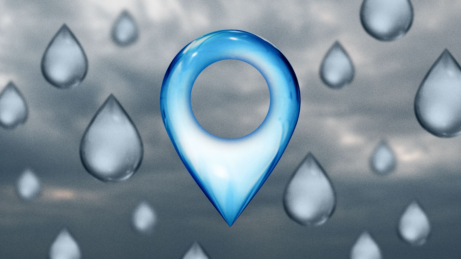Illustration of multiple raindrops, with one turned upside down to look like a locator pin.
