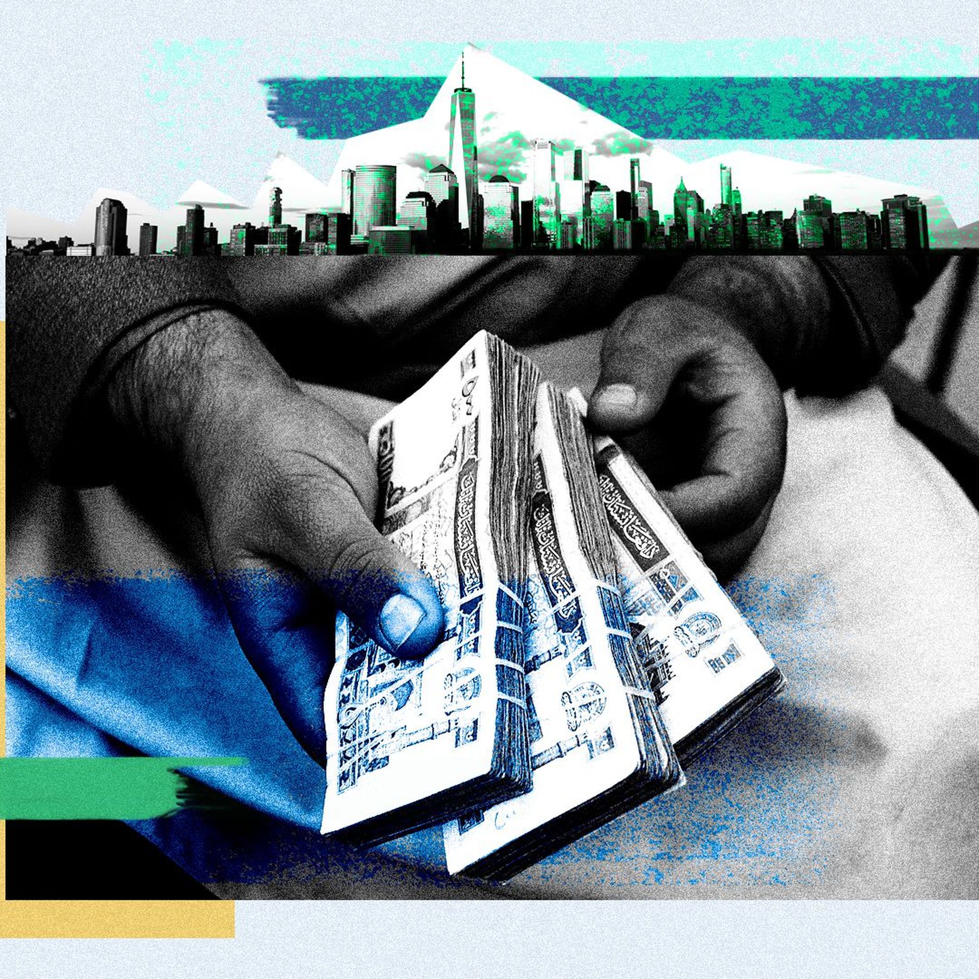 Photo illustration of a man holding Afghani banknotes below a photo os a Manhattan skyline