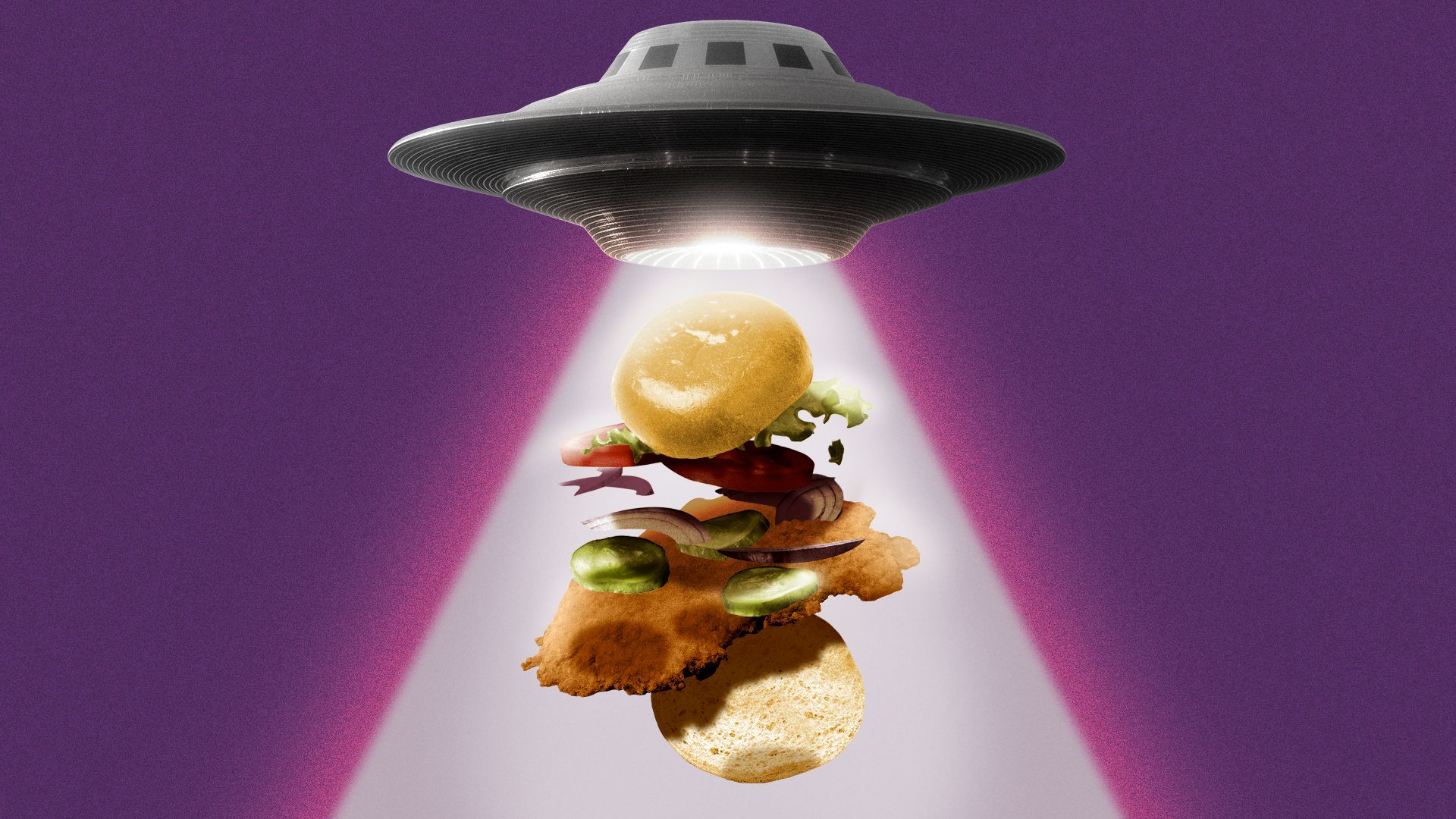 Illustration of a UFO beaming up a pork tenderloin sandwich.