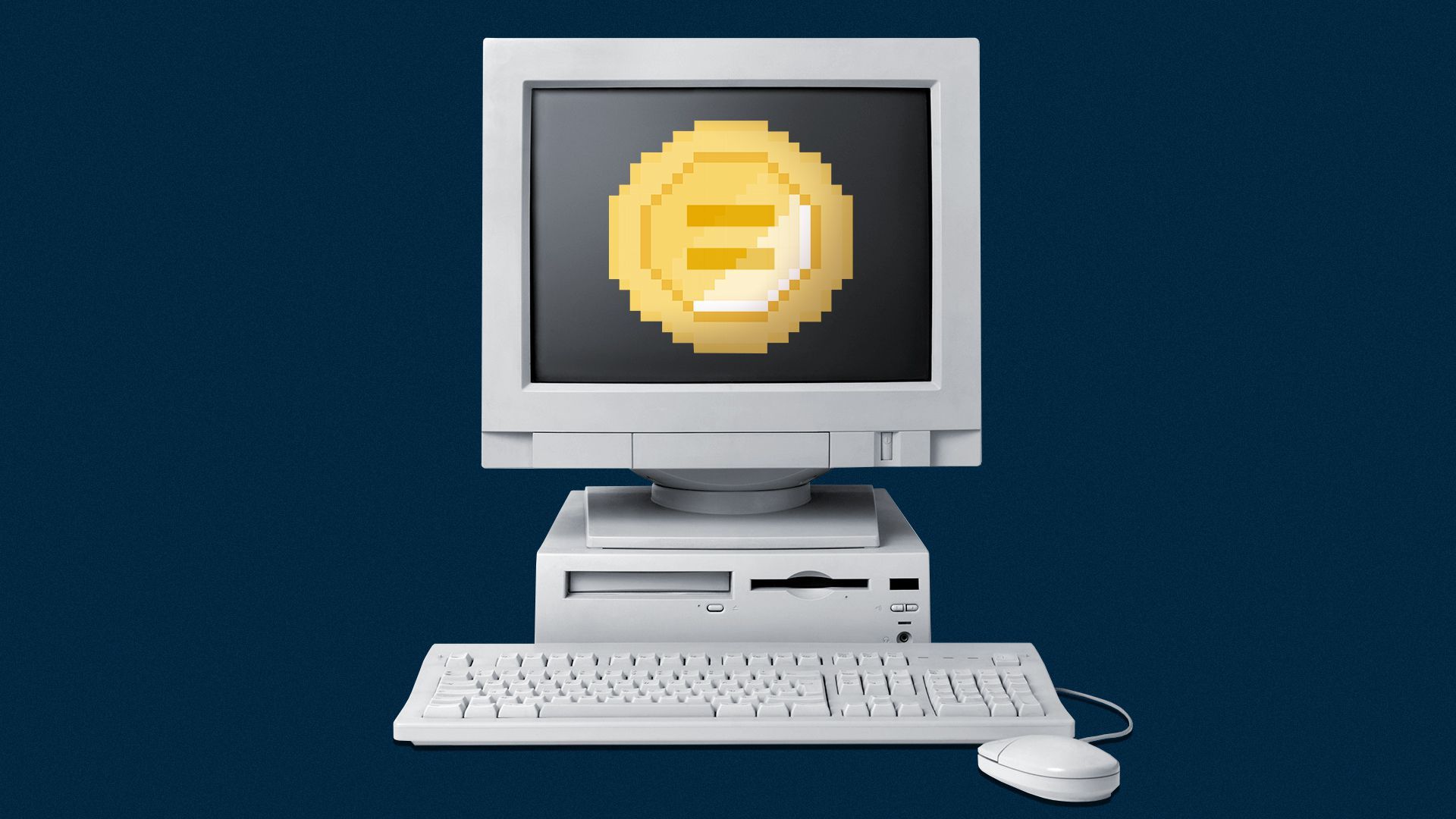 Illustration of a computer screen showing a pixelated coin with the SoftBank logo
