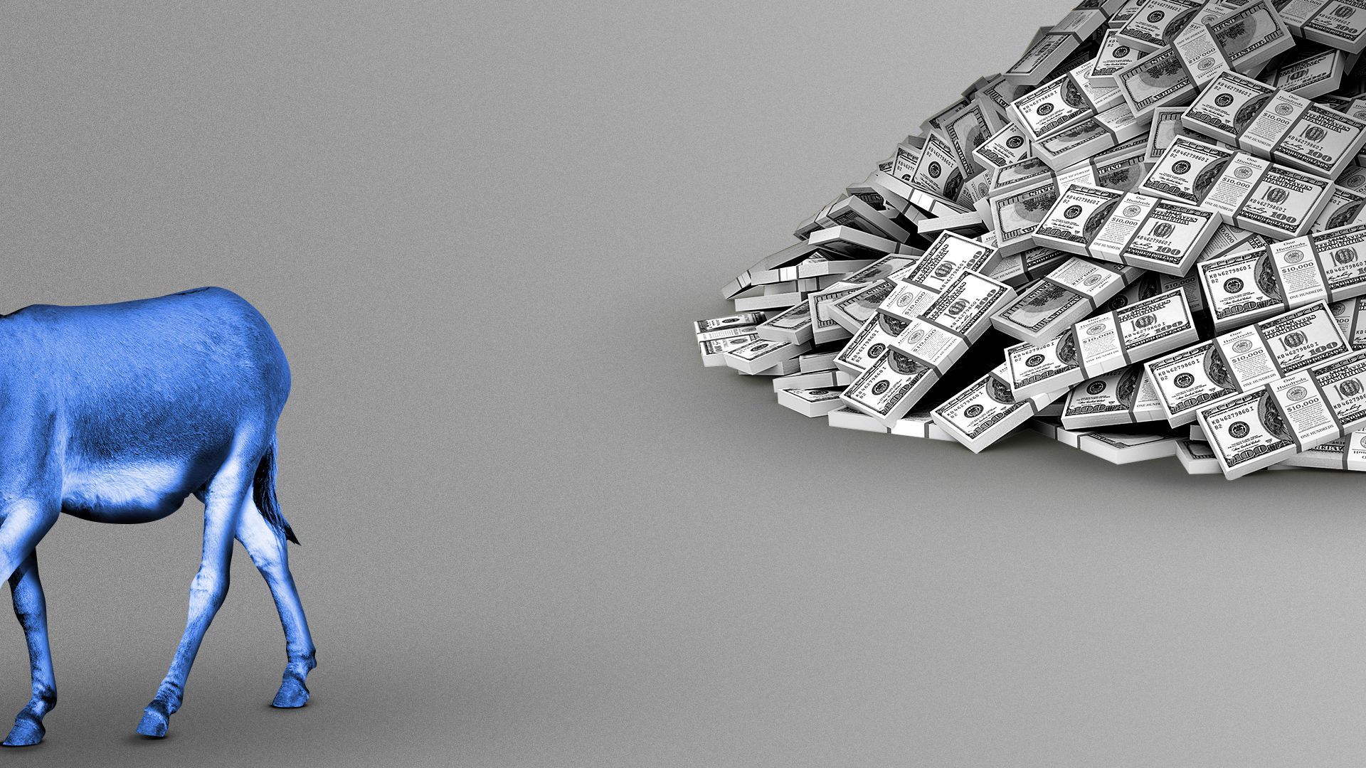 Illustration of a donkey walking away from a large pile of money. 