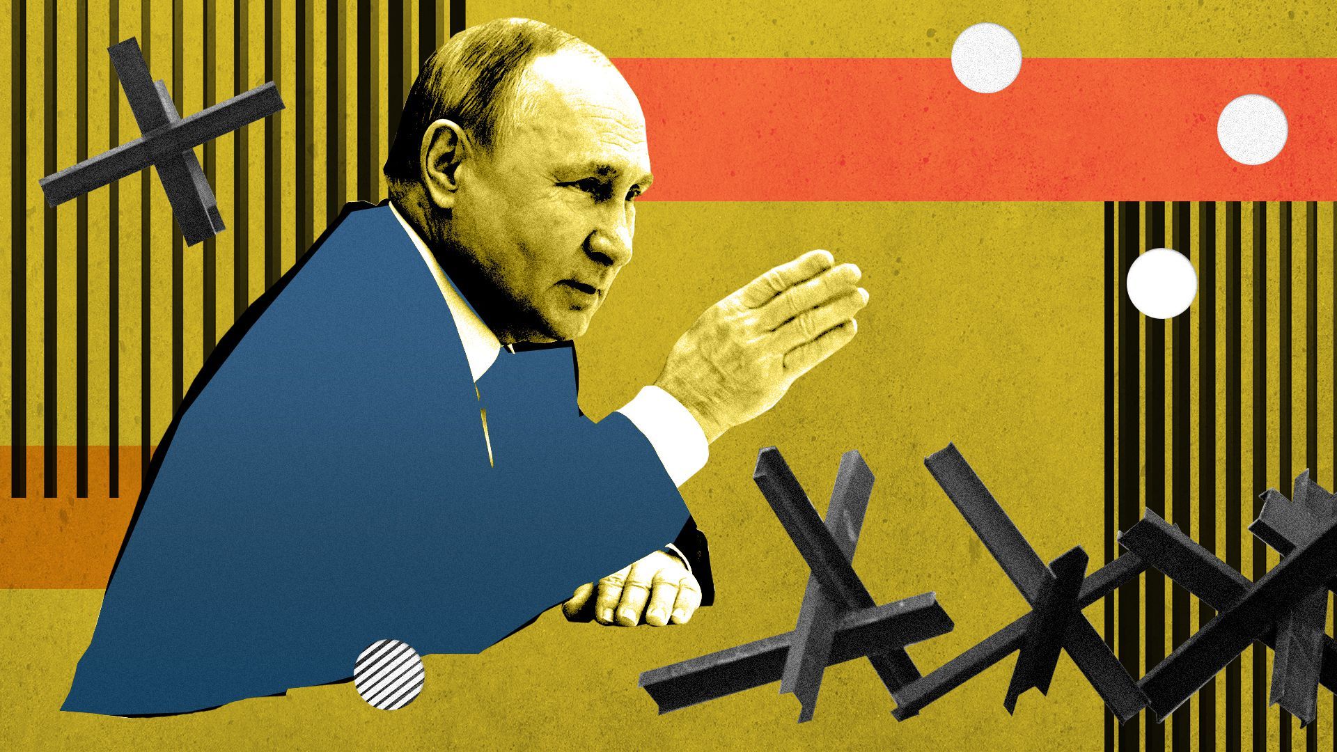 Photo illustration of President Vladimir Putin and tank barriers.