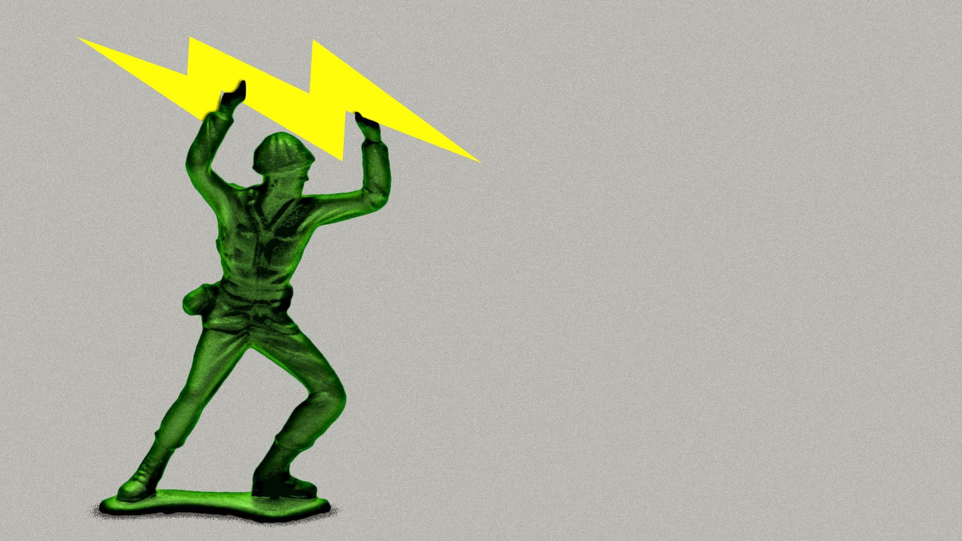 Illustration of a toy soldier holding a lightning bolt above its head. 