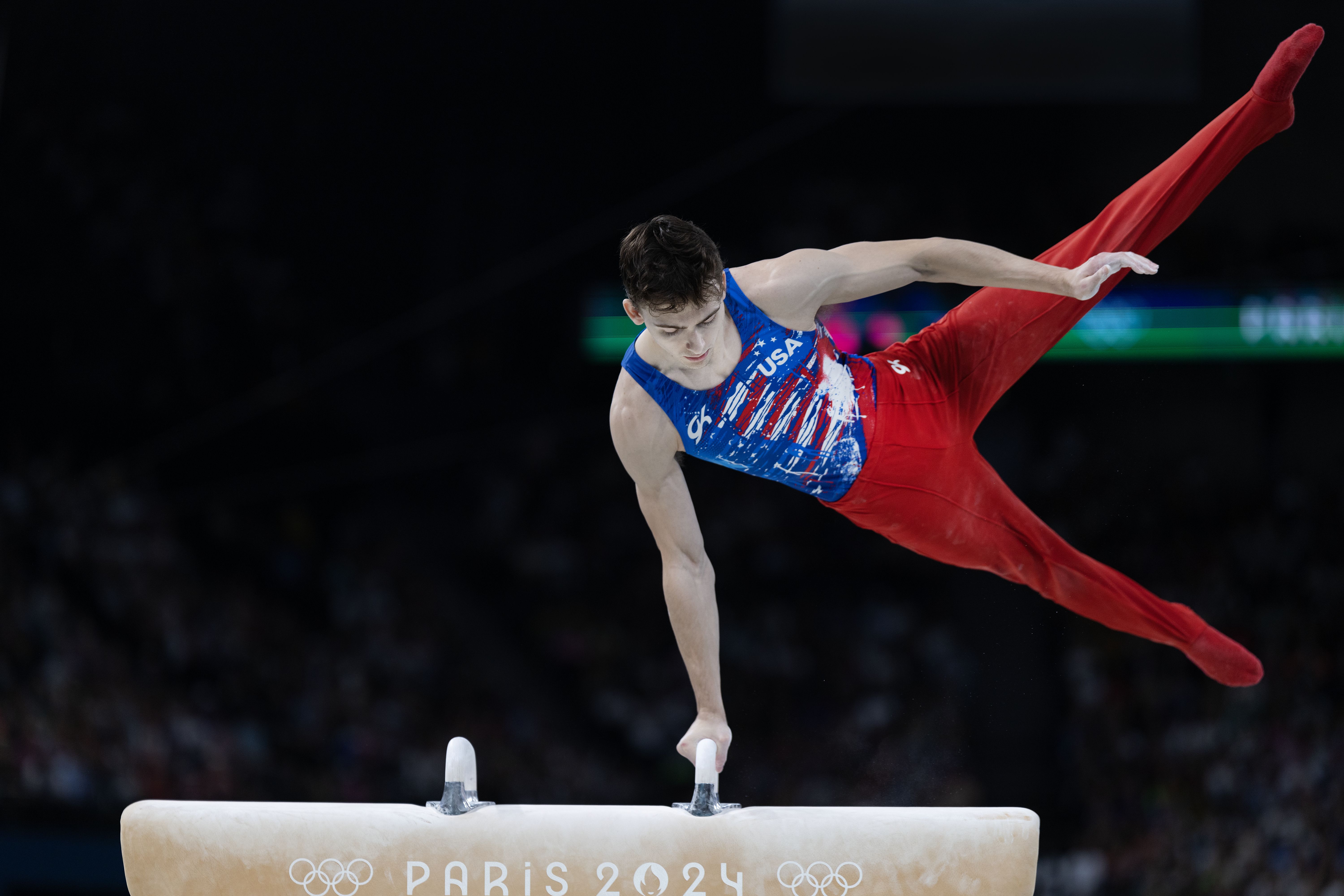 tephen Nedoroscik of the United States performs his pommel horse routine during Artistic Gymnastics, Mens Qualification at the Bercy Arena during the Paris 2024 Summer Olympic Games on July 27