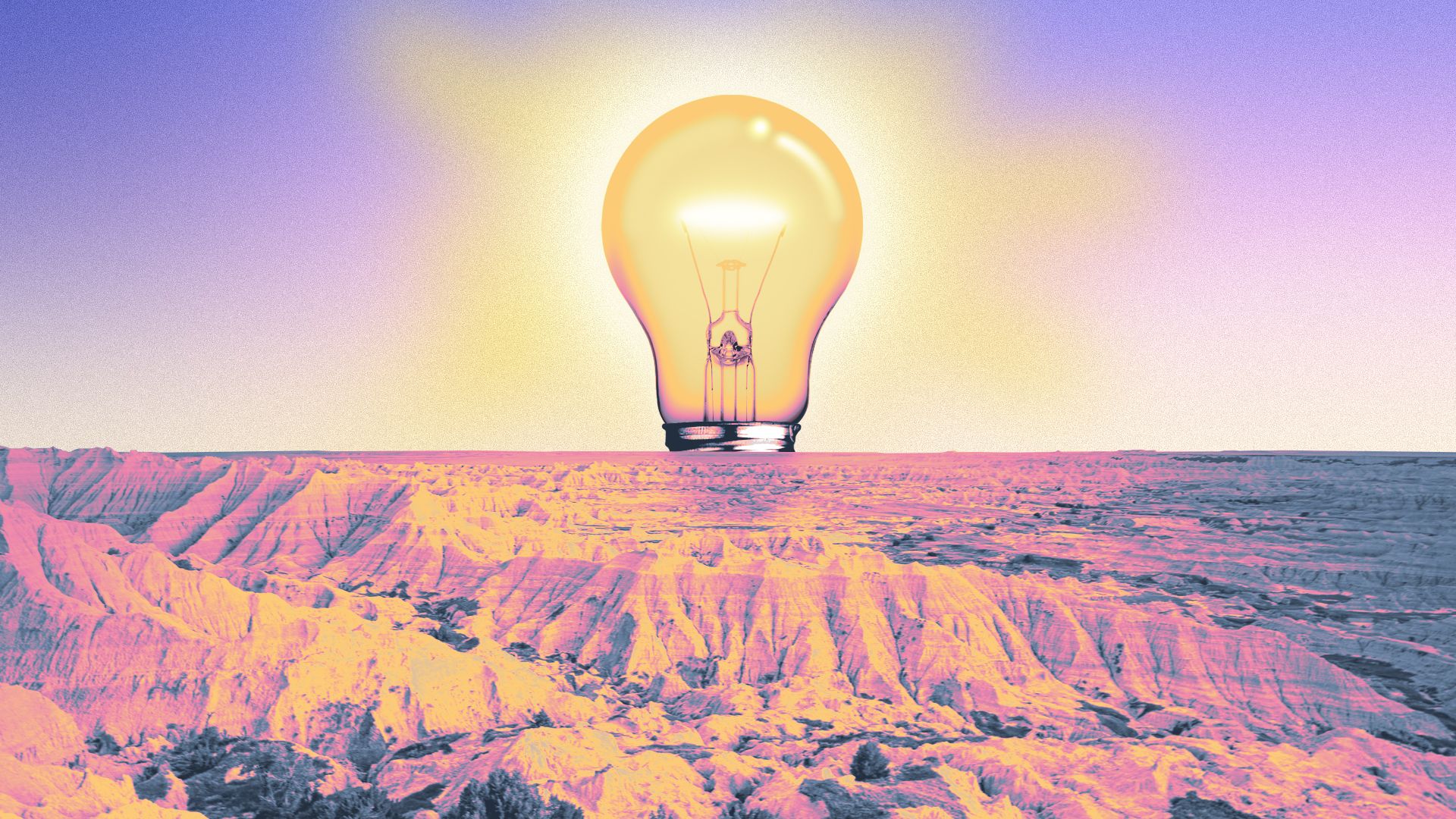 Illustration of a lightbulb as a rising sun over the Badlands