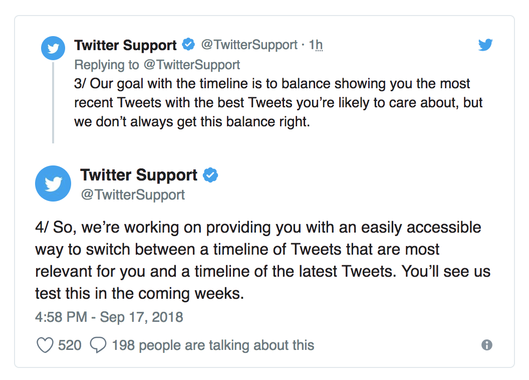 Tweets from Twitter on giving users an option to go back to chronological feed