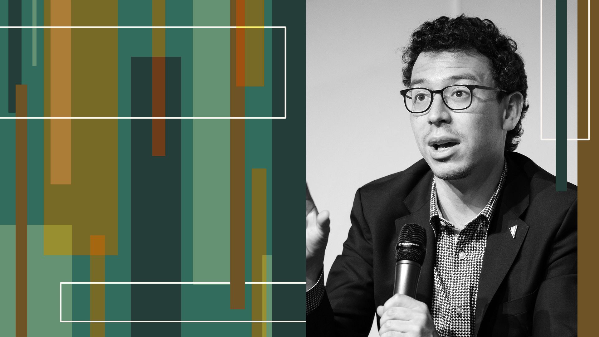 Photo collage of Duolingo founder, Luis Von Ahn, with abstract shapes.