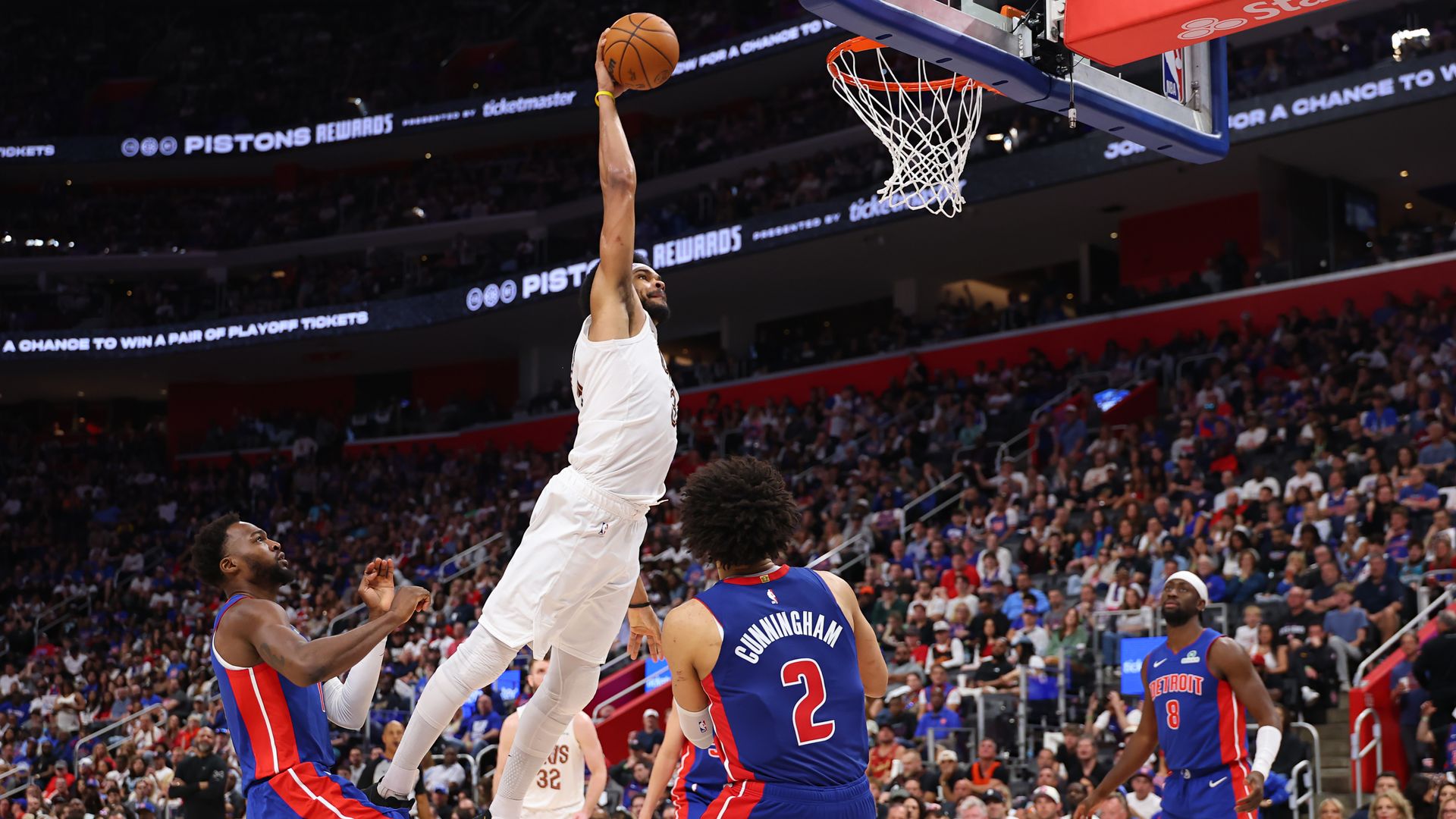 Cleveland's Jarrett Allen dunks on the Pistons. 