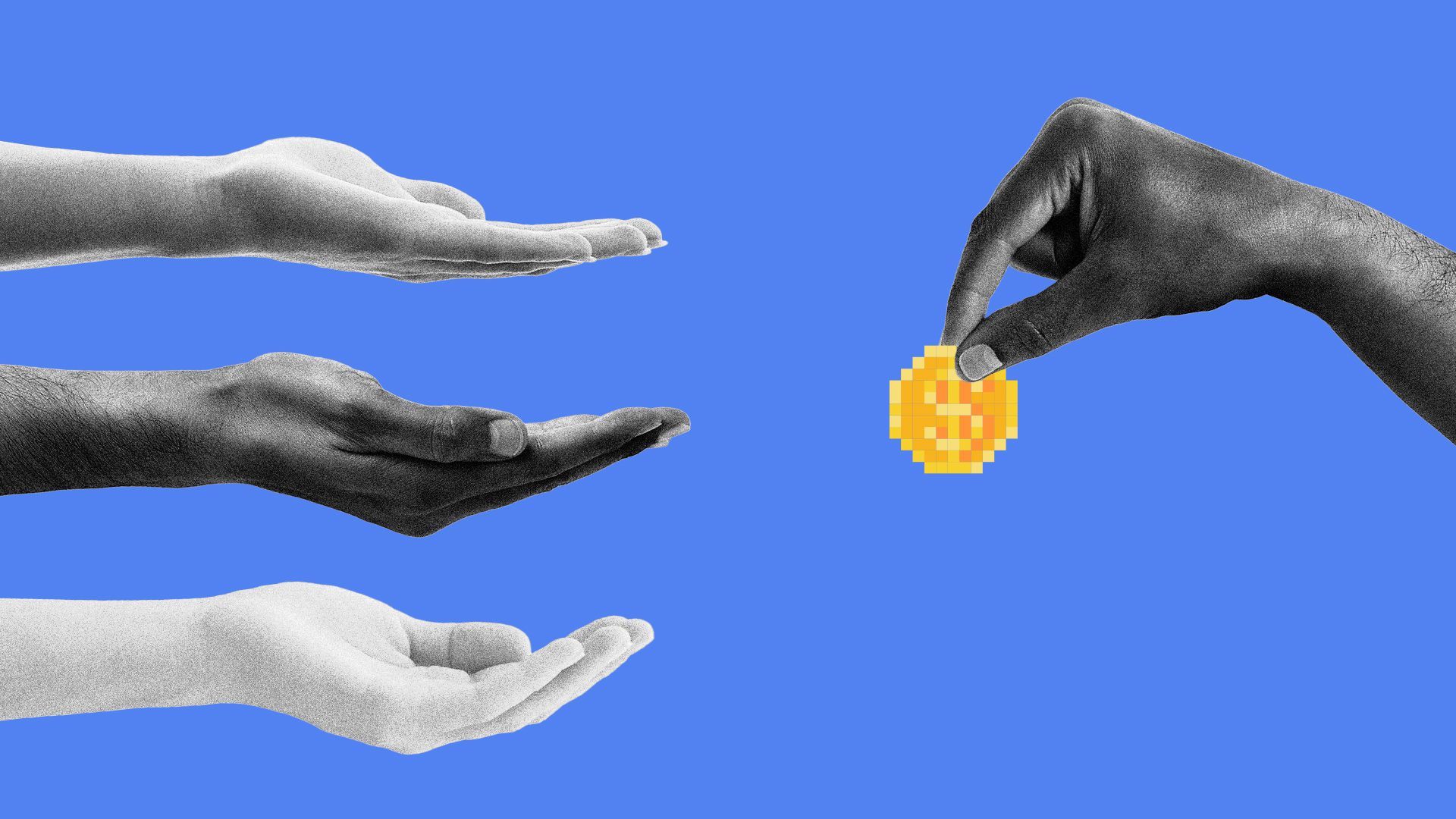 Illustration of a hand holding an 8-bit coin with three hands held out expecting it.