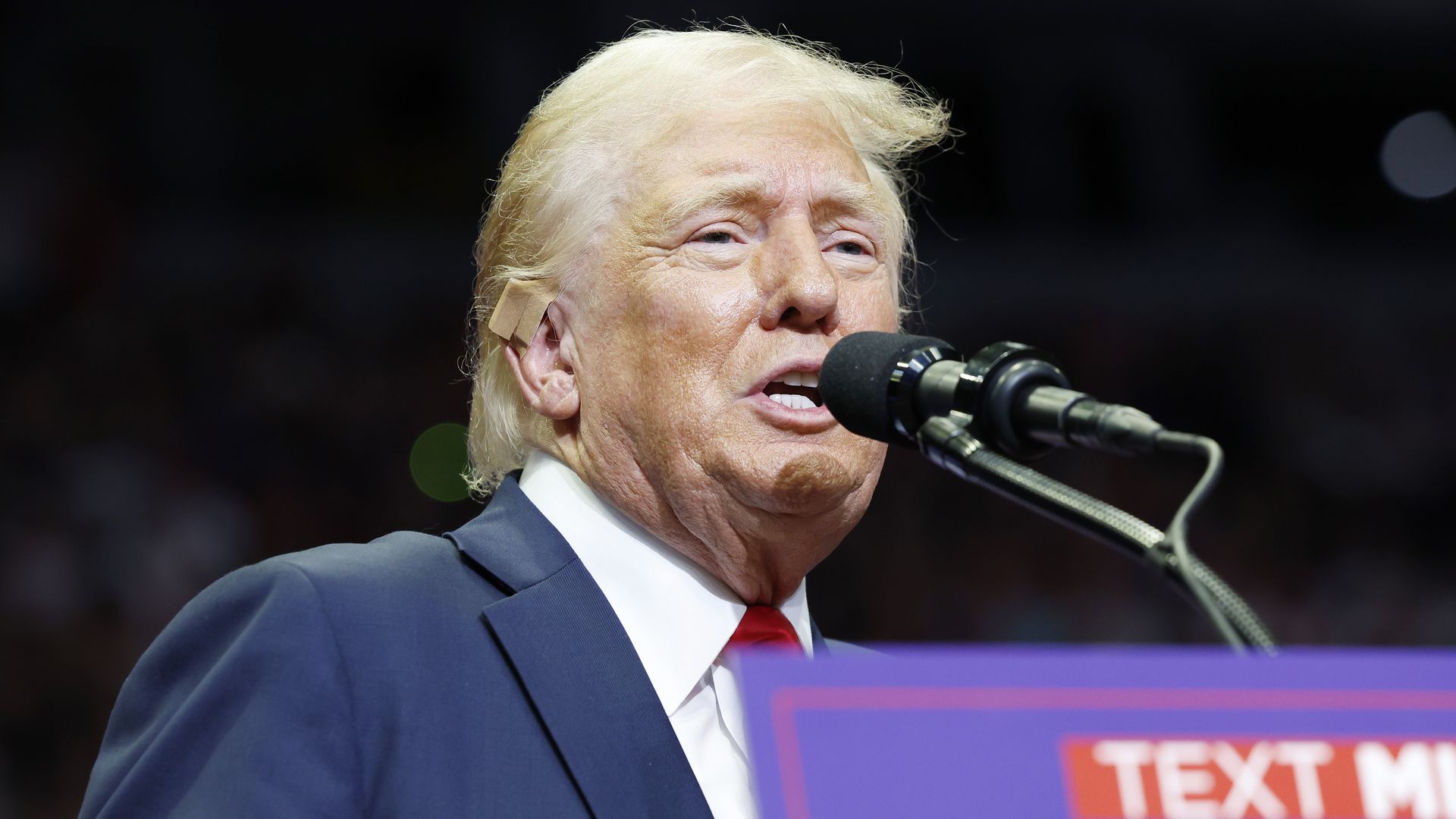 Republican presidential nominee, former U.S. President Donald Trump speaks during a campaign rally at the Van Andel Arena on July 20, 2024 in Grand Rapids, Michigan. 