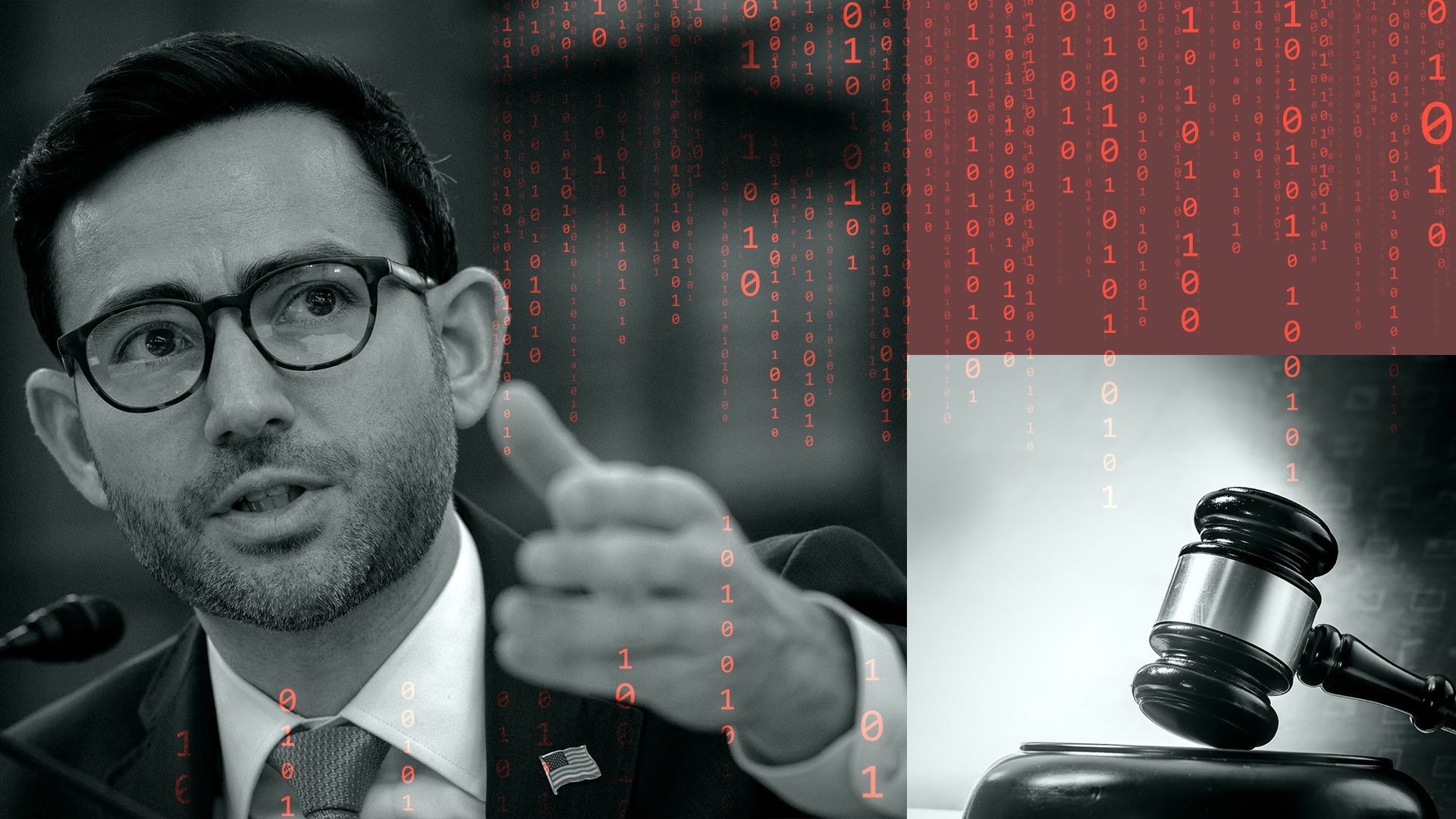 Photo illustration of Samuel Levine surrounded by a gavel and binary code. 