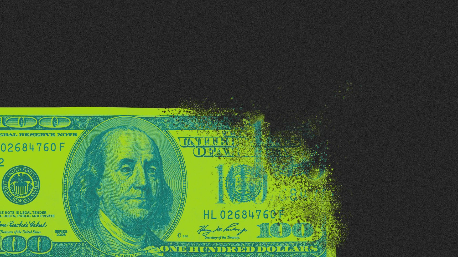 Illustration of a close up hundred dollar bill disintegrating into nothing. 