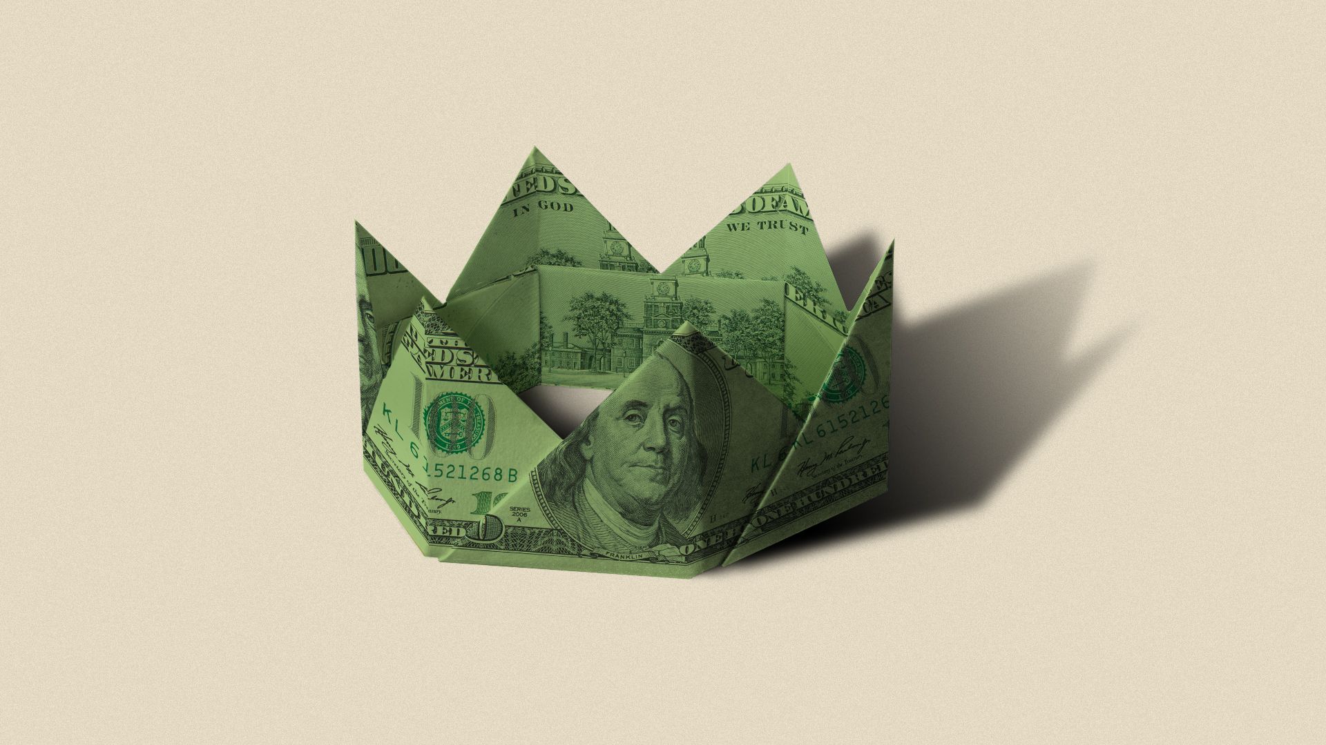 Illustration of an origami crown made from paper money.