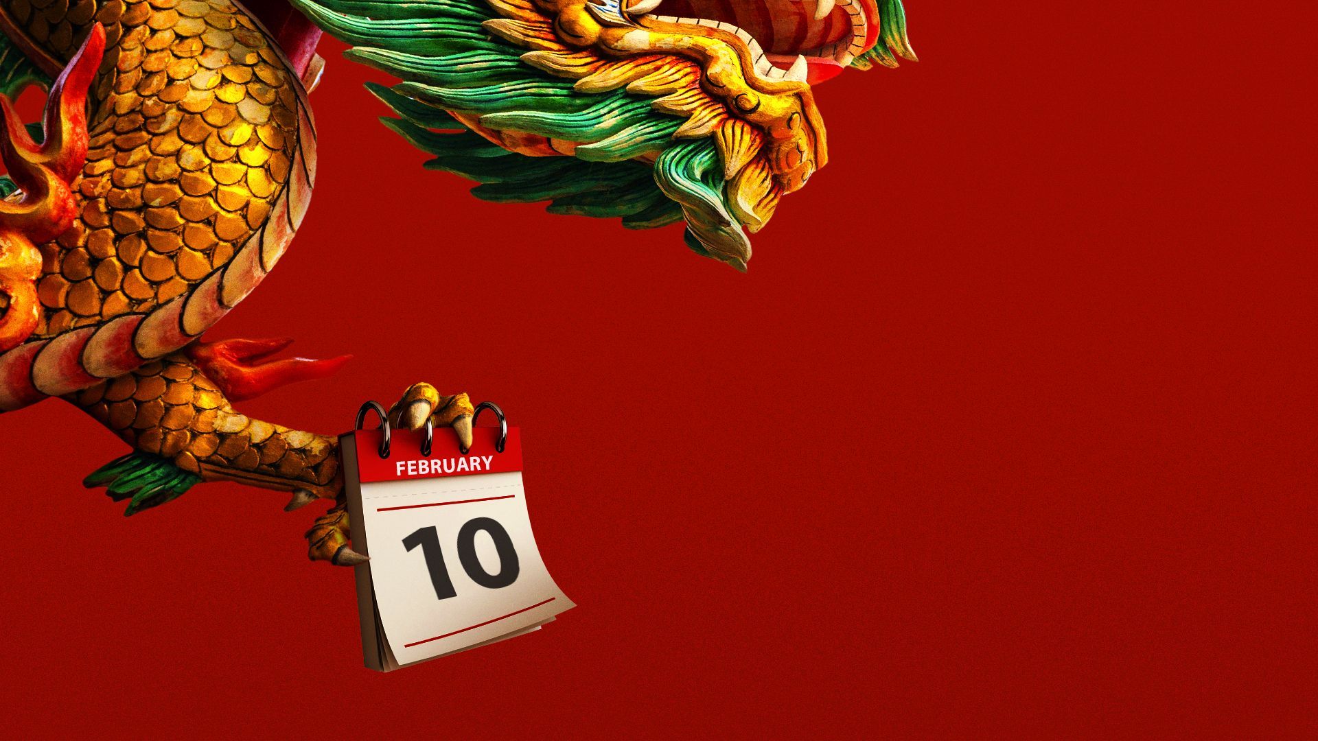 Illustration of a dragon holding a calendar with the date February 10th on it.