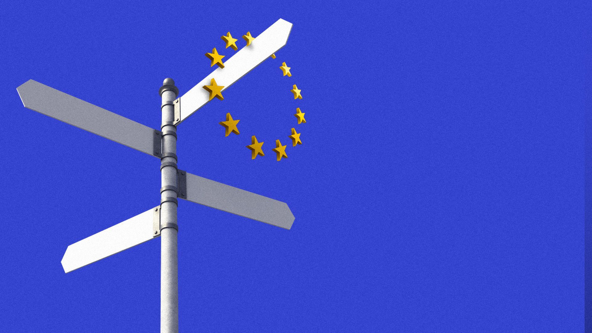 Illustration of a crossroads sign with the EU circle of stars hanging from one of the directional arrows.