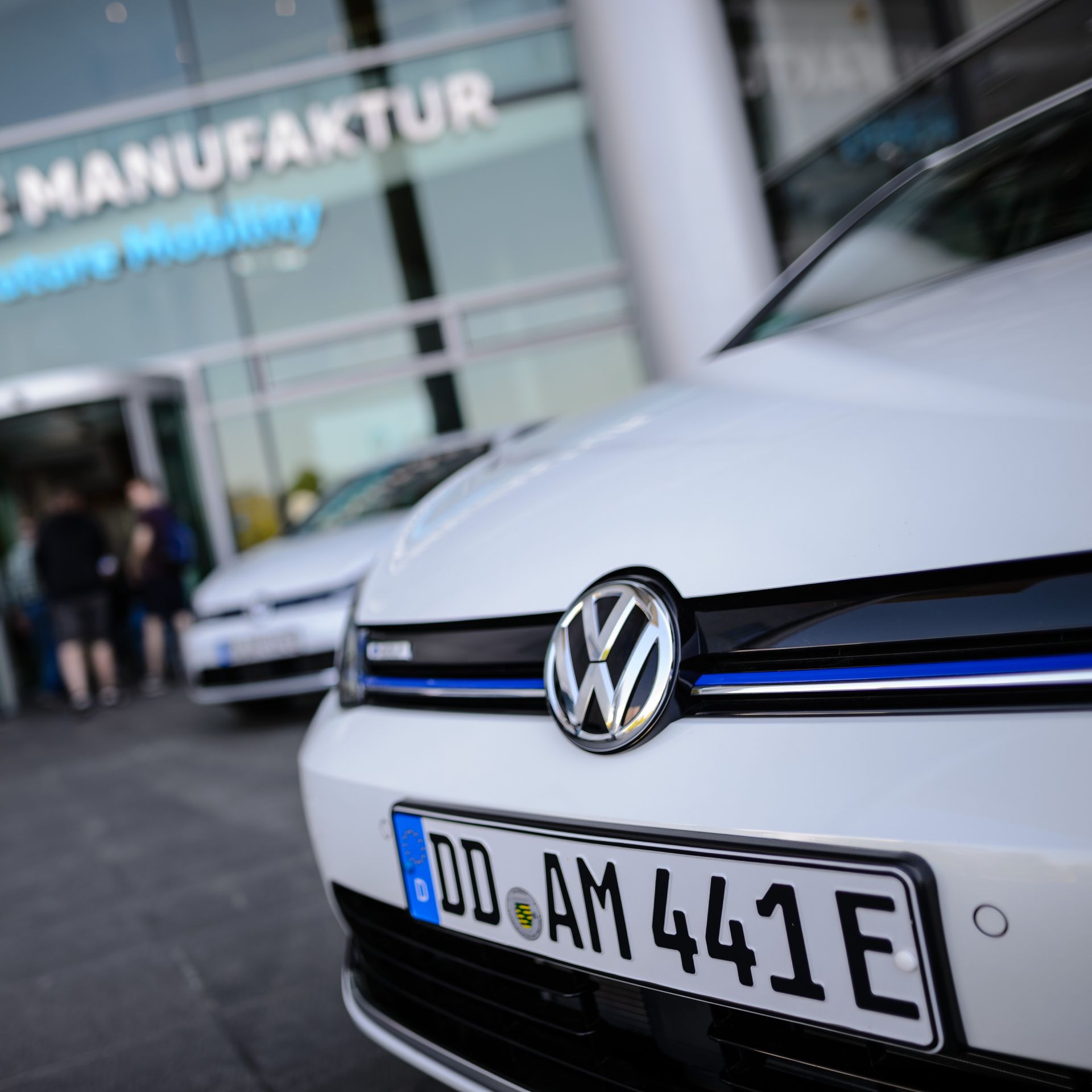 The front of a Volkswagen e-Golf electric car in front of the Volkswagen AG factory in Germany