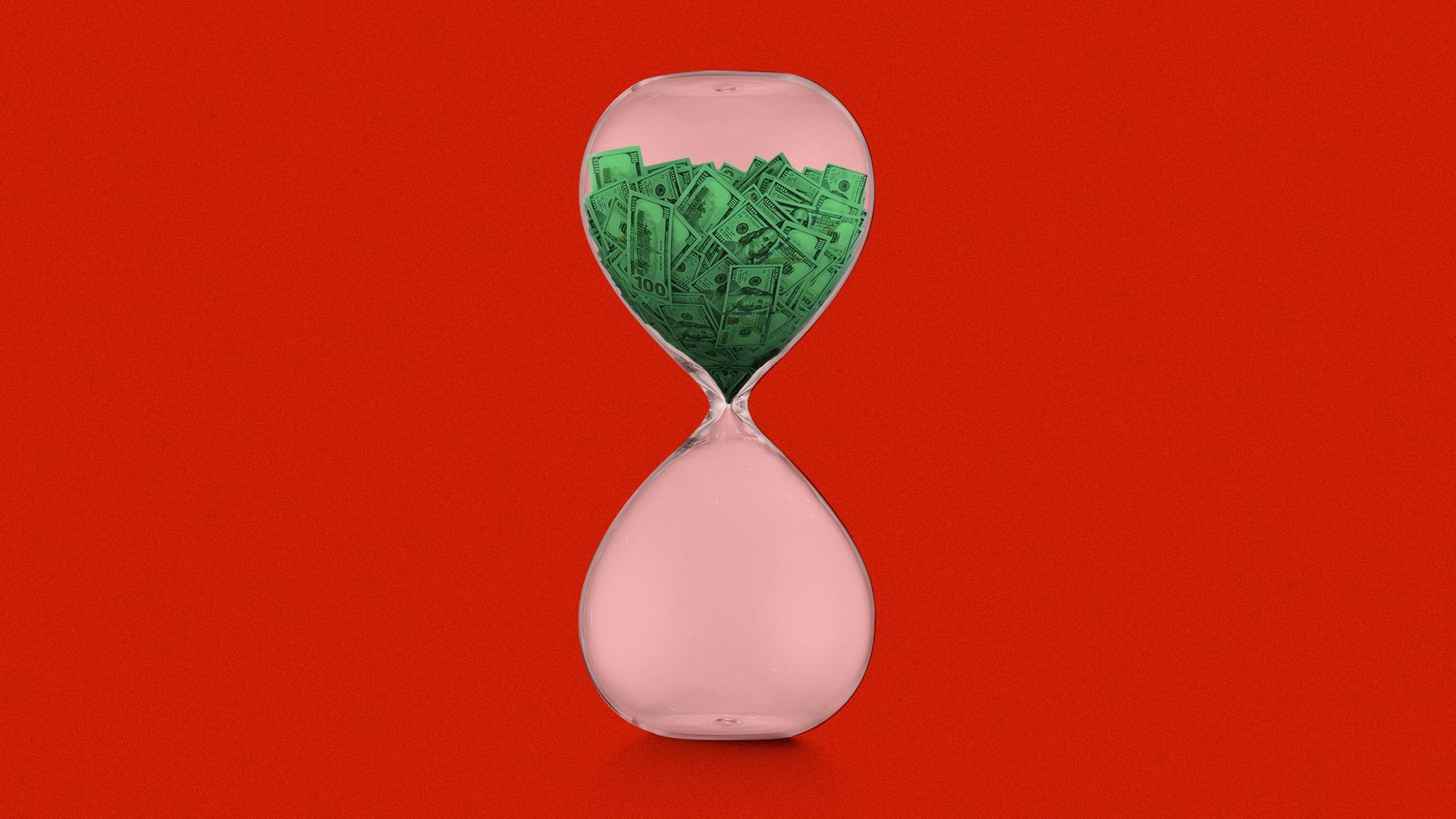 Illustration of an hourglass with money in the top half stuck and not falling down. 