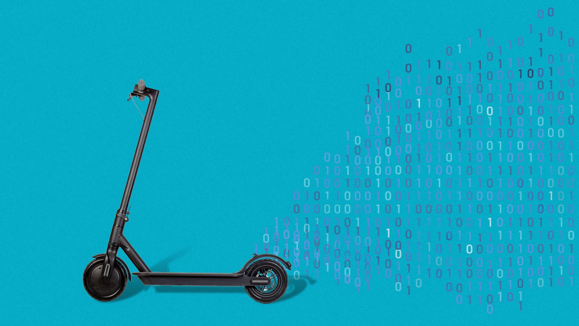 A dockless scooter illustrated in front of a blue background.
