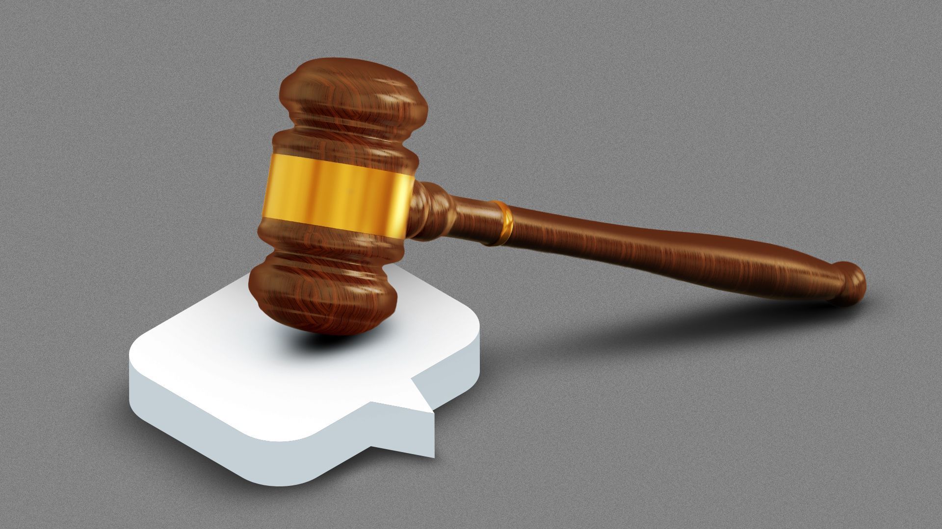 Illustration of a gavel resting on a block in the shape of a speech bubble.