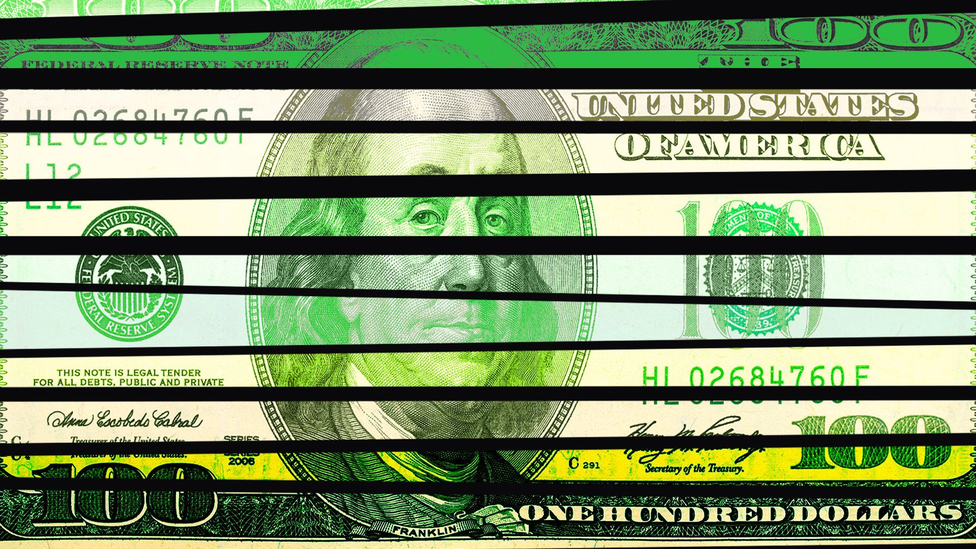Illustration of a hundred dollar bill cut up and colored different shades of green. 