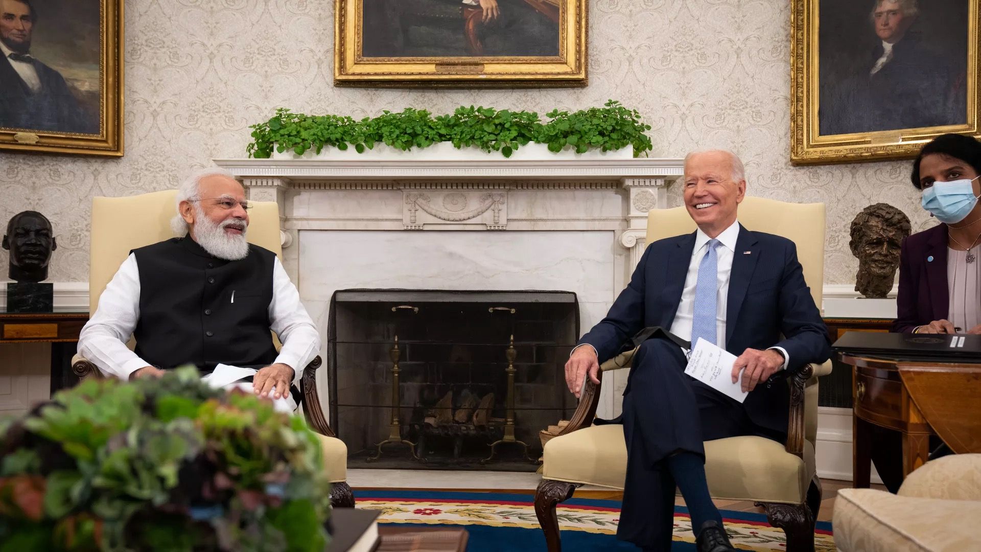 President Biden is seen hosting India Prime Minister Narenda Modi in the Oval Office.